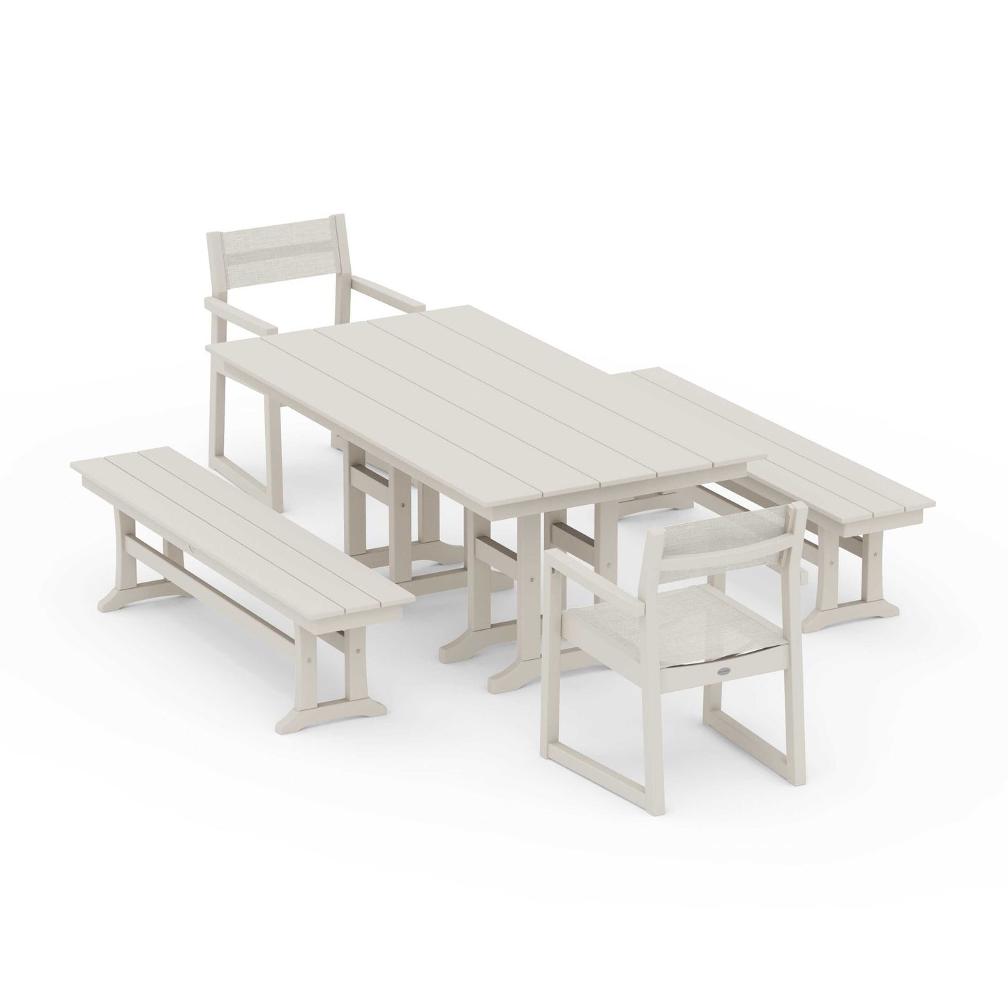 POLYWOOD EDGE Sling Arm Chair 5-Piece Farmhouse Dining Set with Benches — Sand / Parchment Sling
