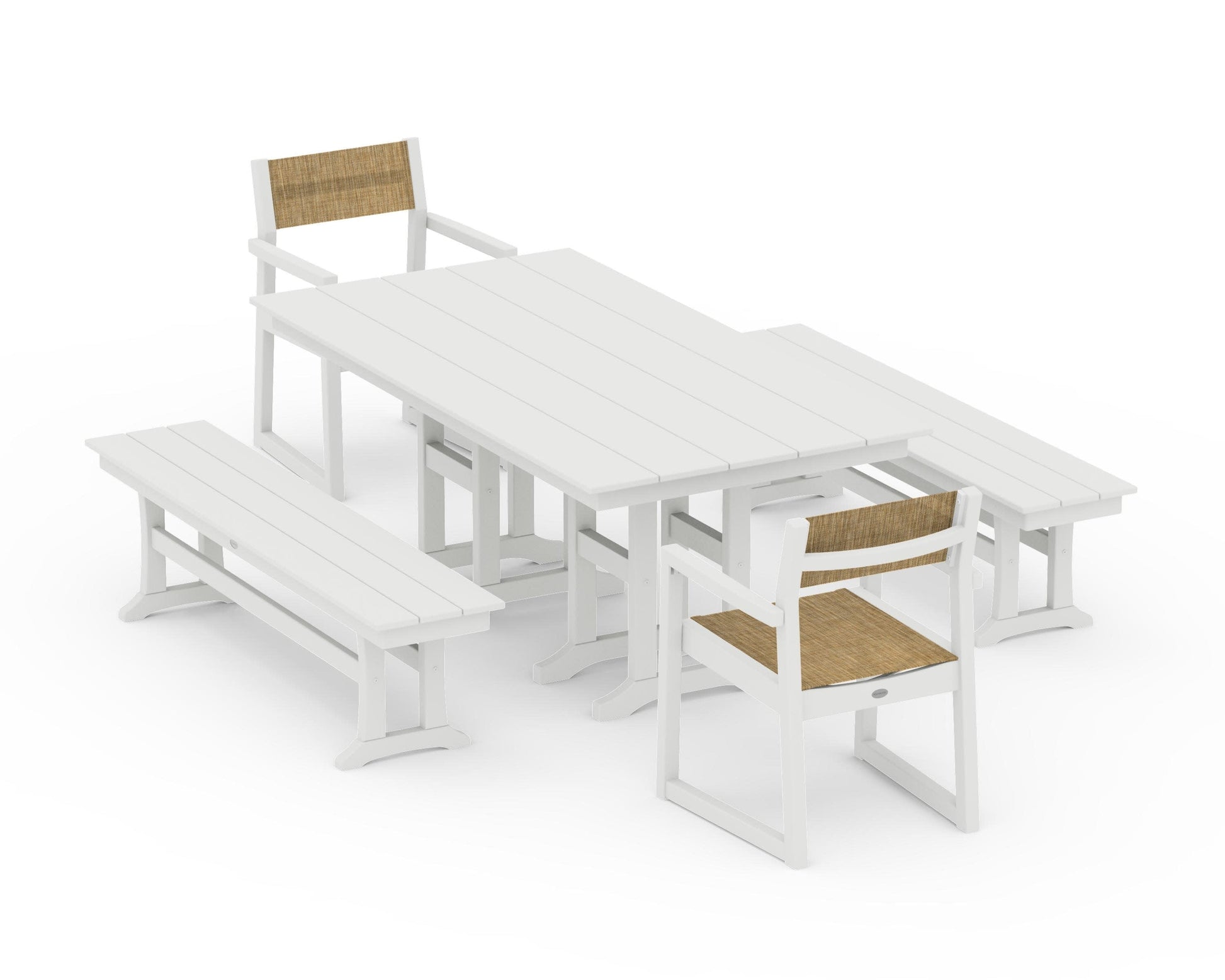 POLYWOOD EDGE Sling Arm Chair 5-Piece Farmhouse Dining Set with Benches — Vintage White / Burlap Sling