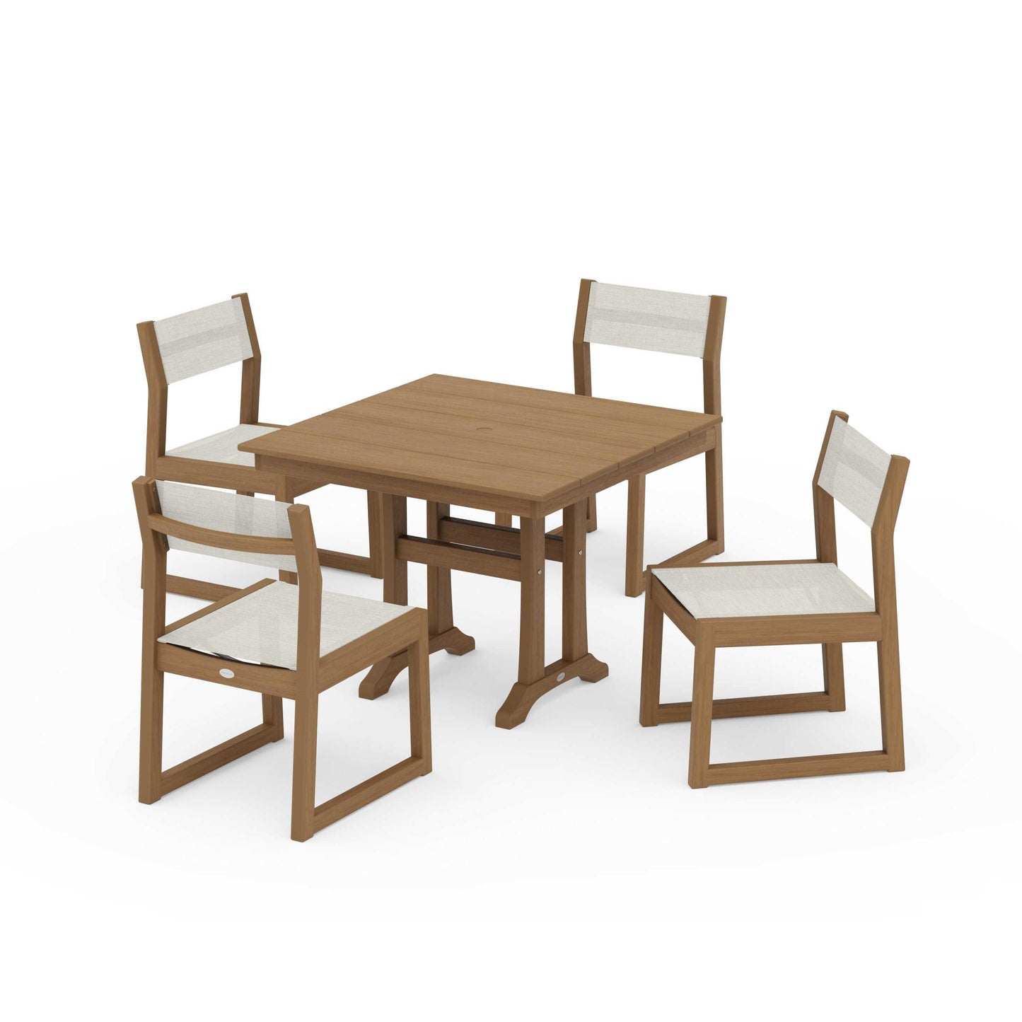 POLYWOOD EDGE Sling 5-Piece Farmhouse Trestle Side Chair Dining Set — Natural / Parchment Sling