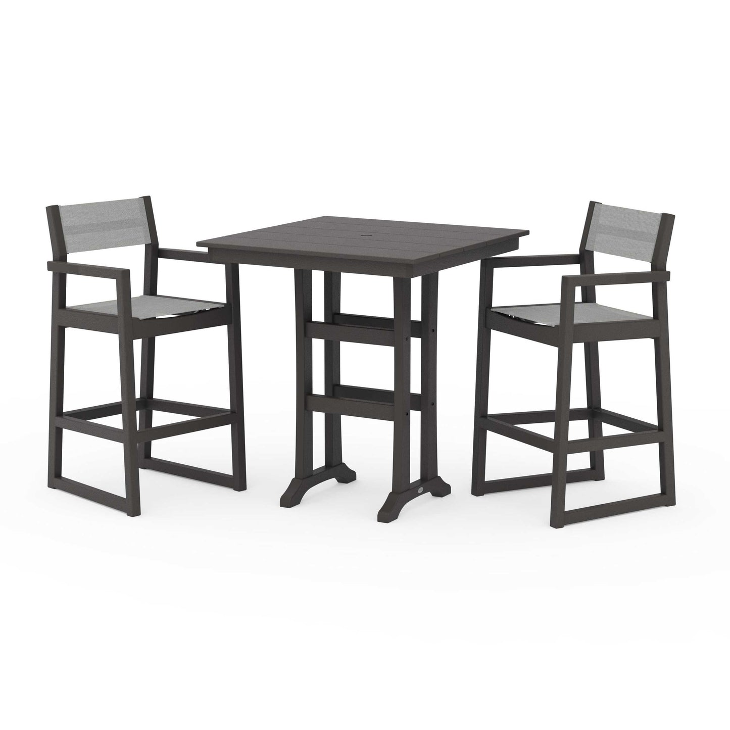 POLYWOOD EDGE Sling Arm Chair 3-Piece Farmhouse Bar Set with Trestle Legs — Vintage Coffee / Metallic Sling
