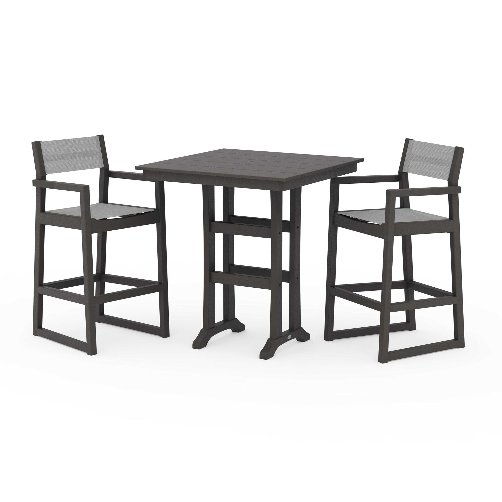 POLYWOOD EDGE Sling Arm Chair 3-Piece Farmhouse Bar Set with Trestle Legs — Vintage Coffee / Metallic Sling