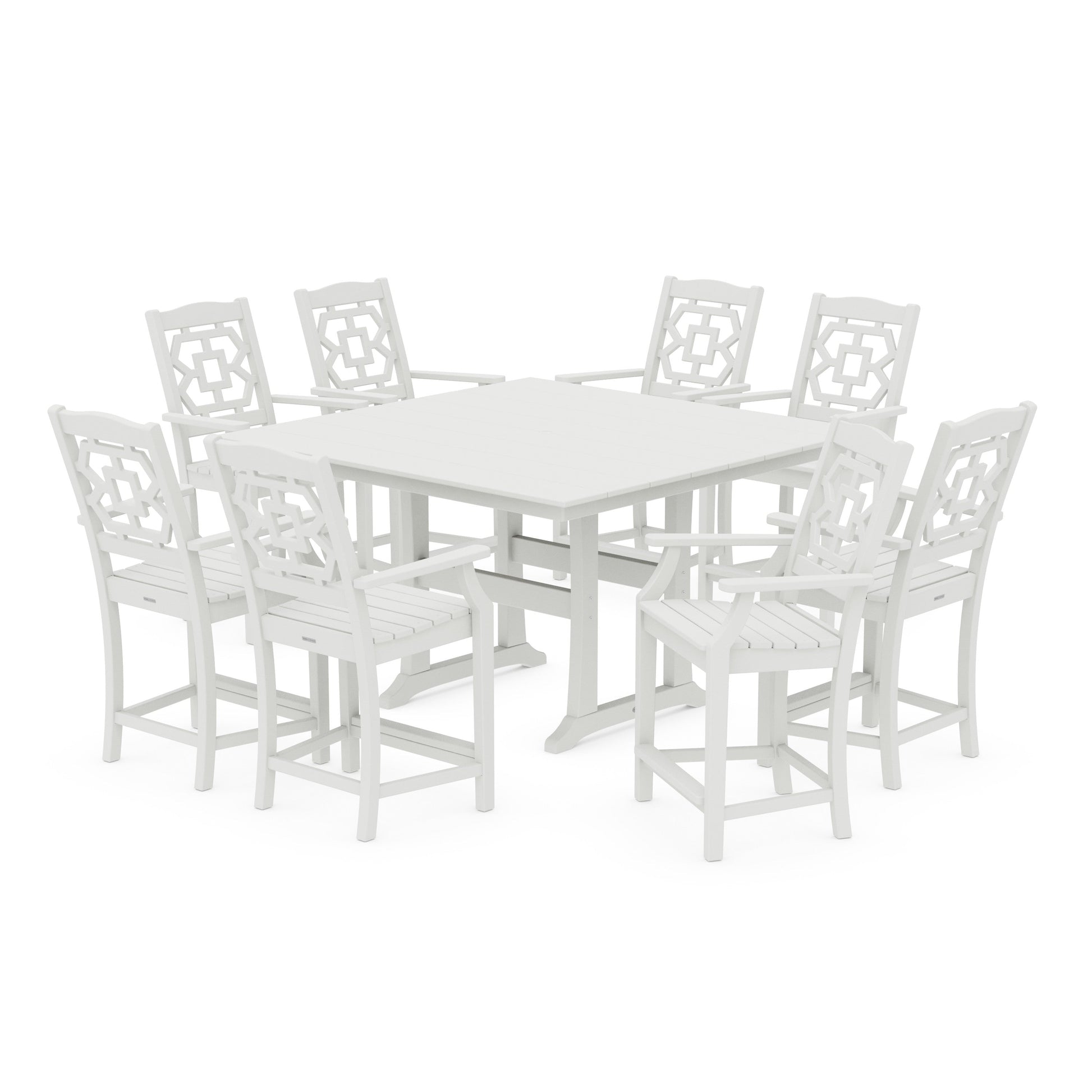 POLYWOOD Chinoiserie 9-Piece Square Farmhouse Counter Set with Trestle Legs — Vintage White