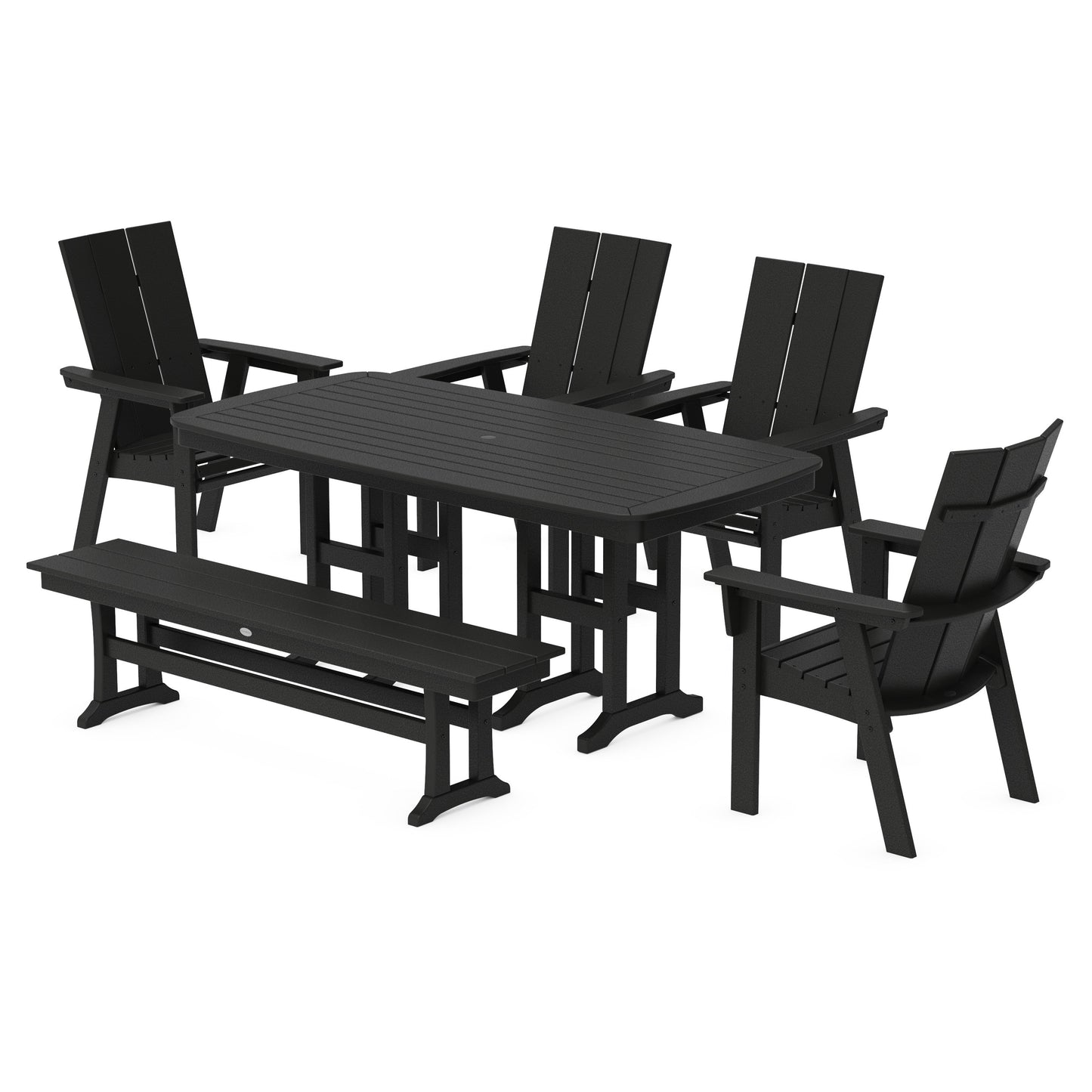 POLYWOOD Modern Curveback Adirondack 6-Piece Dining Set with Bench — Black