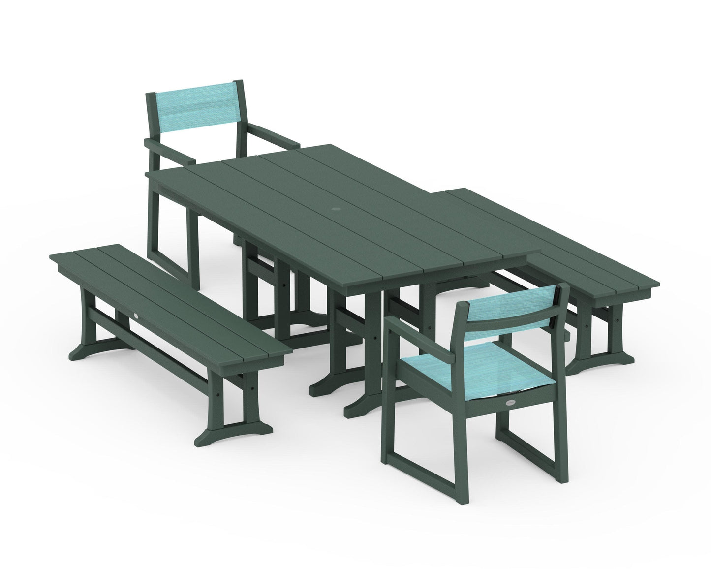 POLYWOOD EDGE Sling Arm Chair 5-Piece Farmhouse Dining Set with Benches — Green / Dupioni Aquamarine Sling