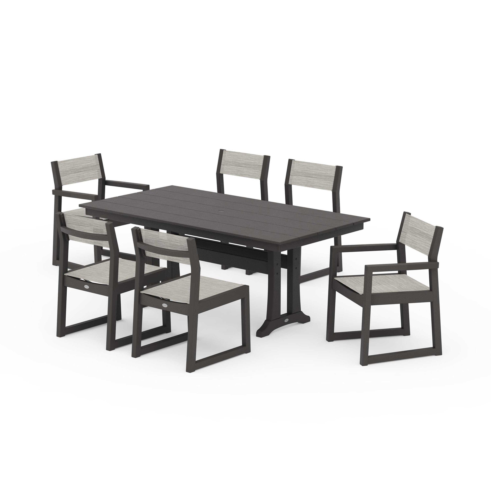 POLYWOOD EDGE Sling 7-Piece Farmhouse Trestle Dining Set — Vintage Coffee / Birch Sling