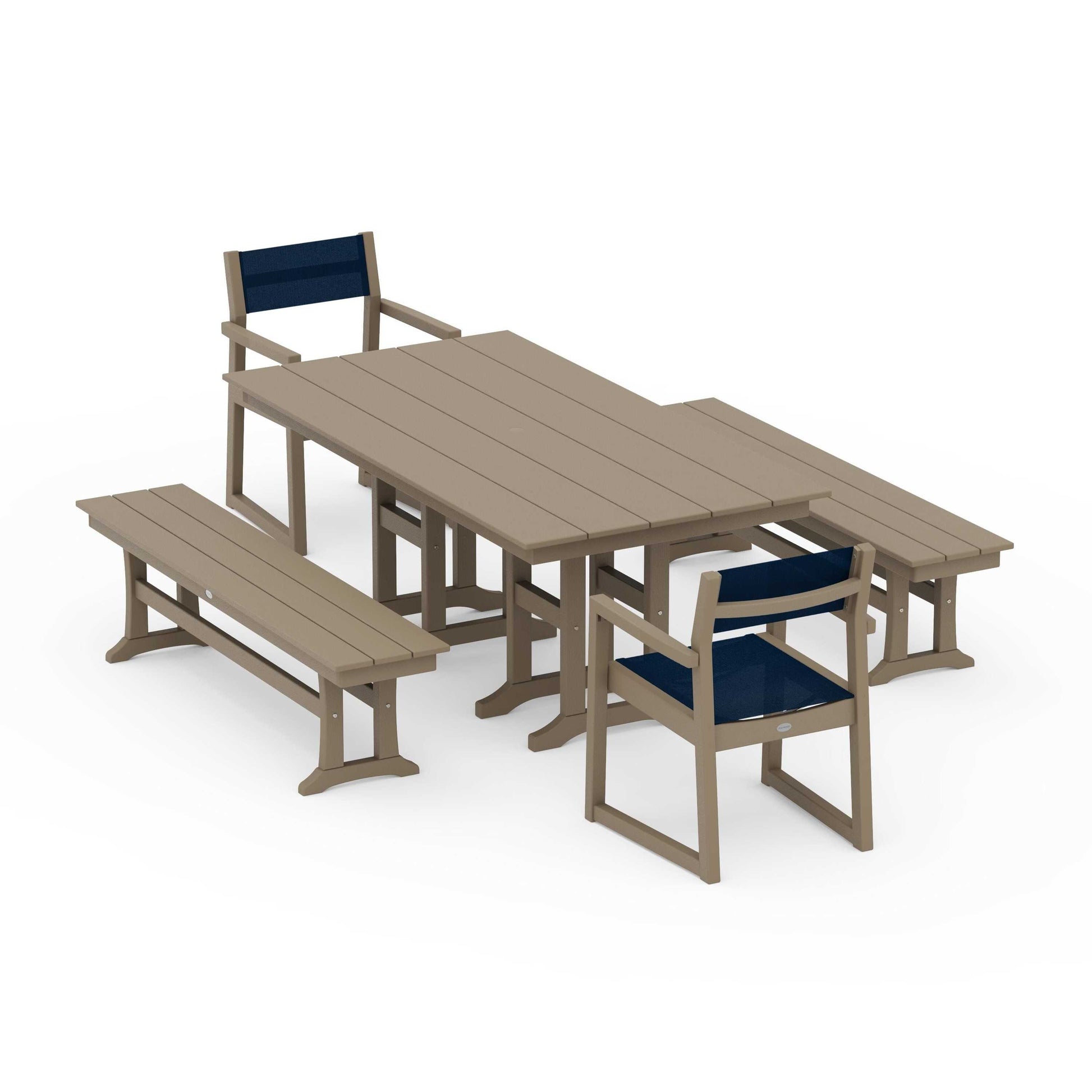 POLYWOOD EDGE Sling Arm Chair 5-Piece Farmhouse Dining Set with Benches — Vintage Sahara / Navy Blue Sling