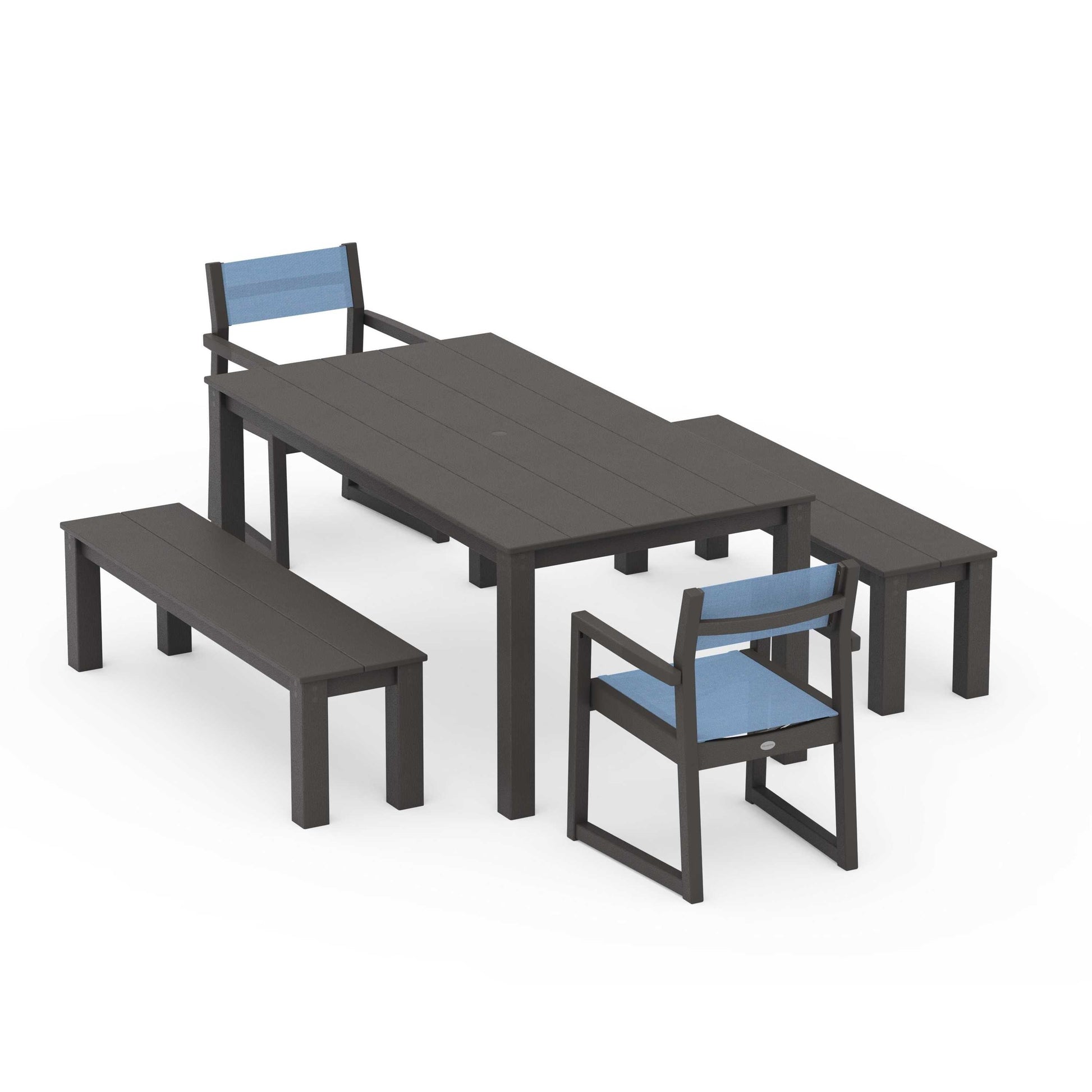 POLYWOOD EDGE Sling Arm Chair 5-Piece Parsons Dining Set with Benches — Vintage Coffee / Poolside Sling