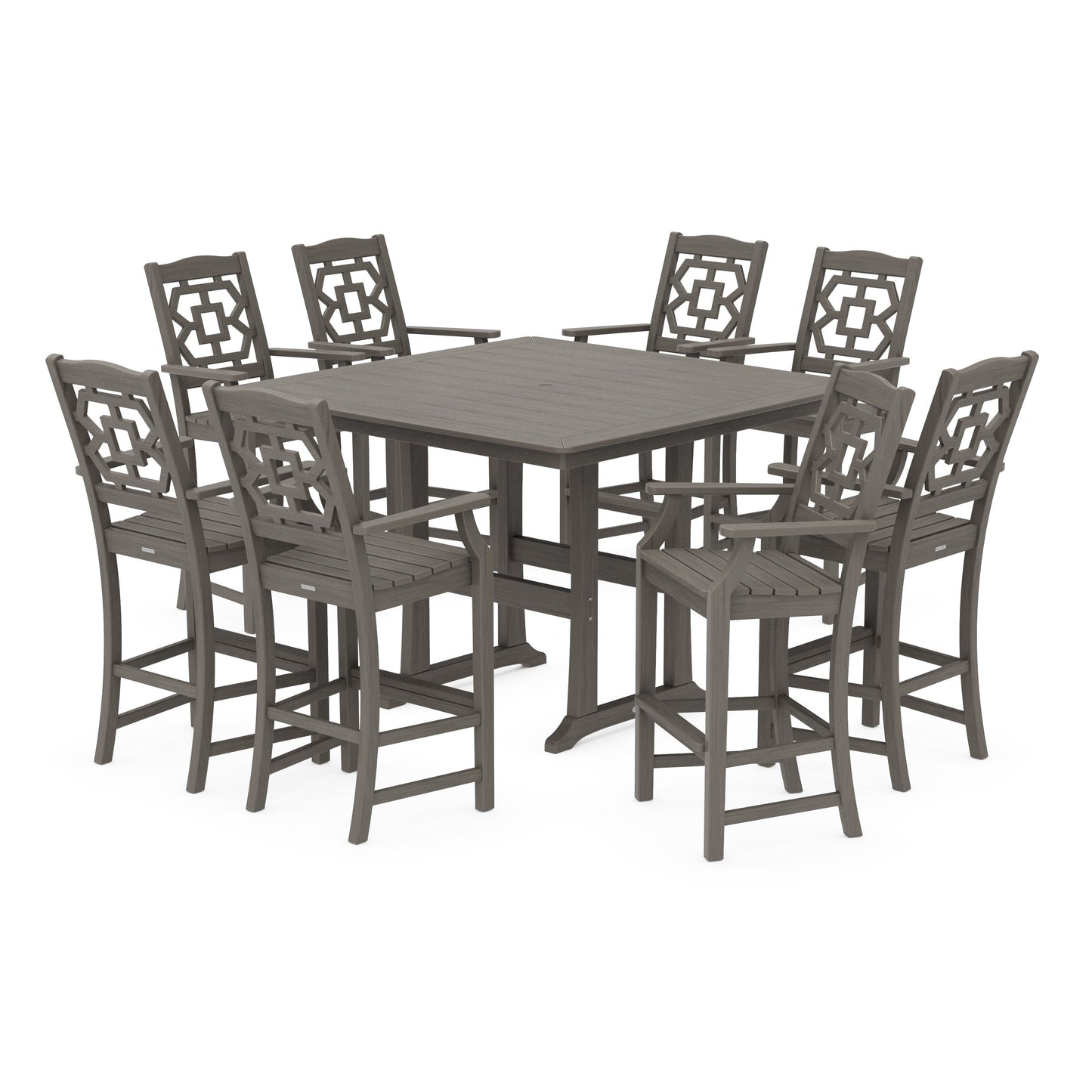 POLYWOOD Chinoiserie 9-Piece Square Side Chair Bar Set with Trestle Legs — Driftwood