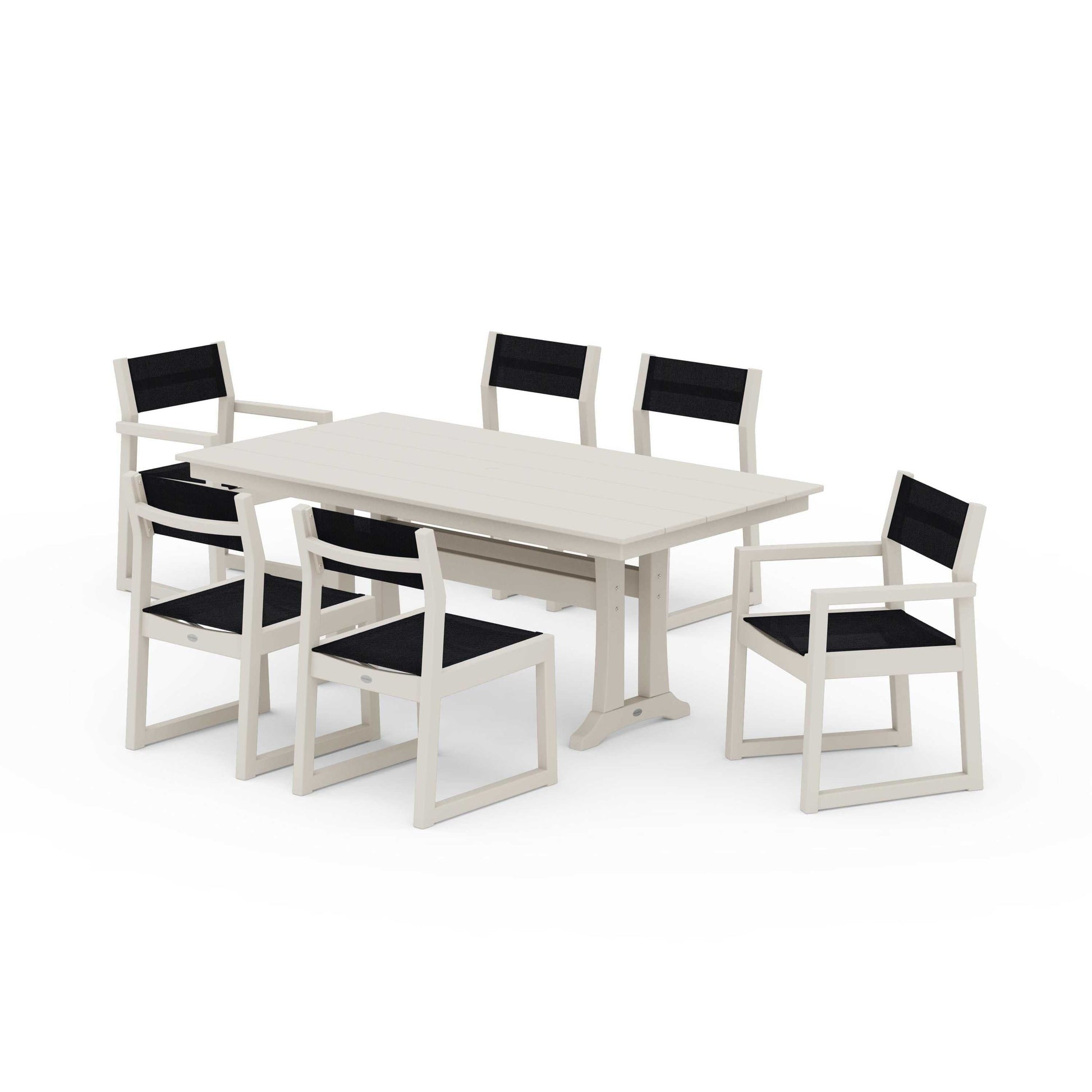 POLYWOOD EDGE Sling 7-Piece Farmhouse Trestle Dining Set — Sand / Black Sling