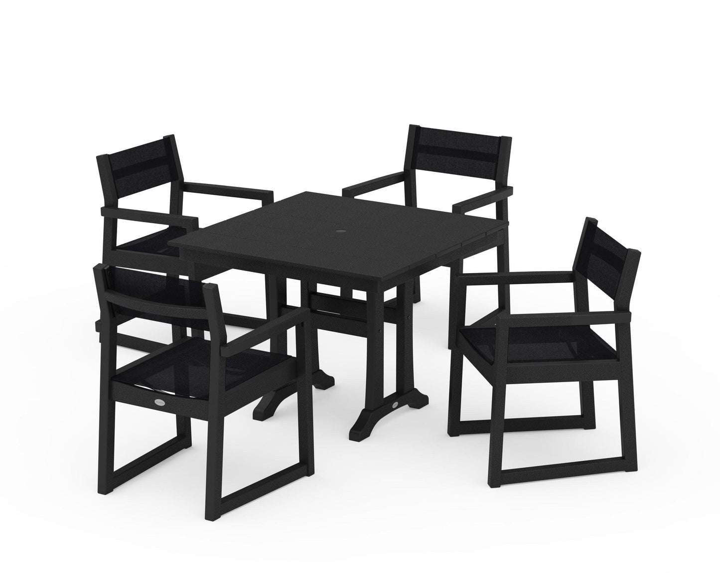 POLYWOOD EDGE Sling 5-Piece Farmhouse Dining Set with Trestle Legs — Black / Black Sling