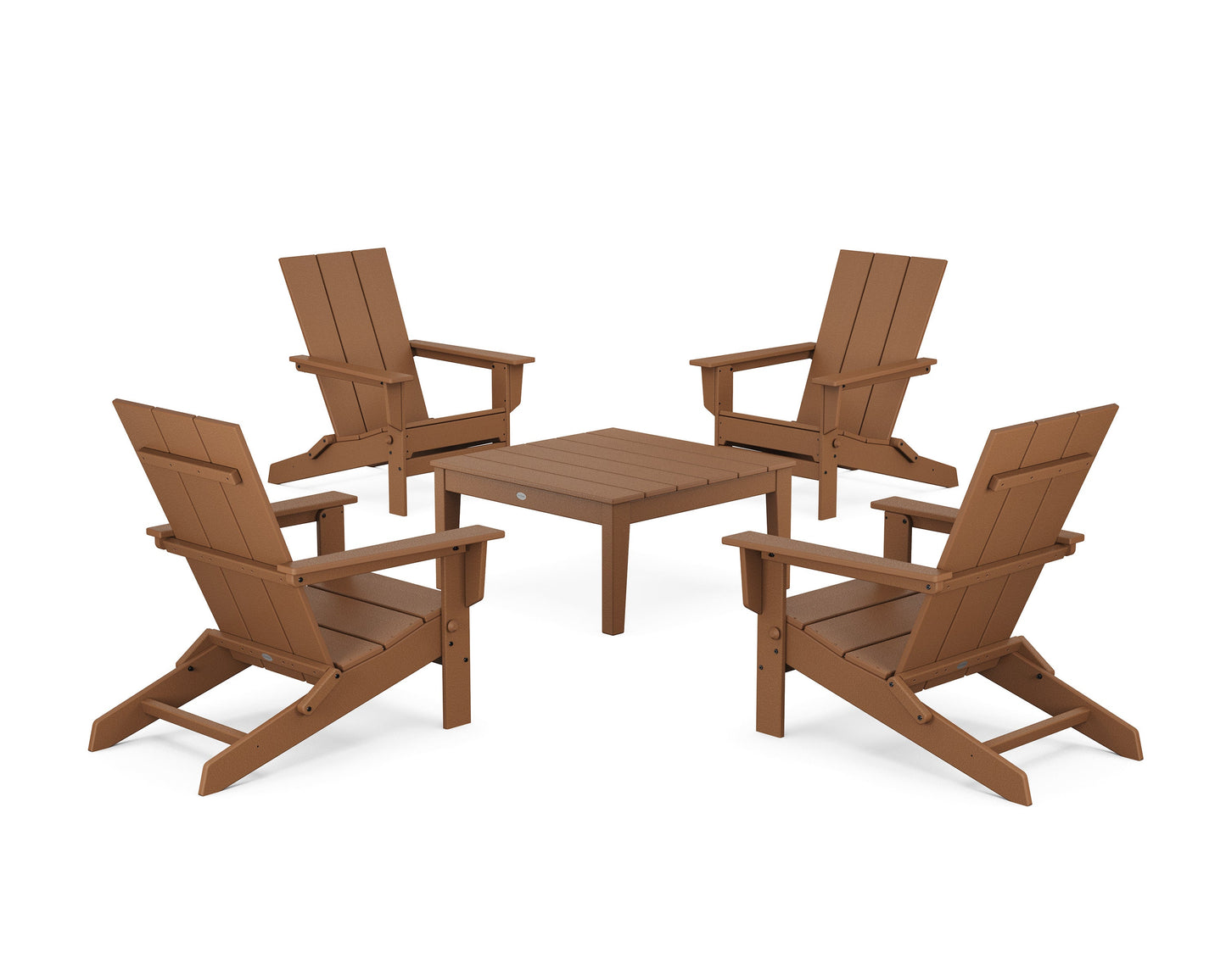 POLYWOOD 5-Piece Modern Studio Folding Adirondack Chair Conversation Group — Teak