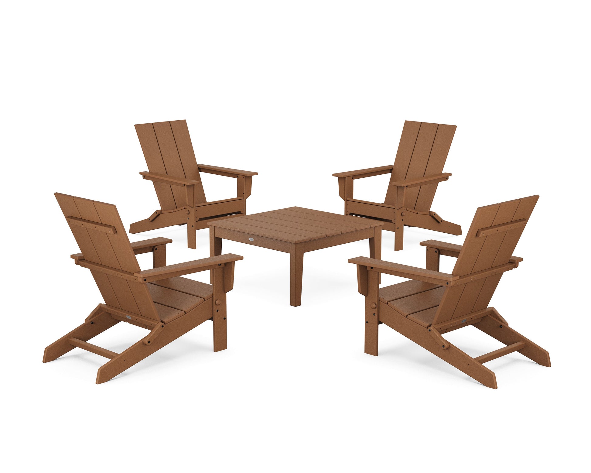 POLYWOOD 5-Piece Modern Studio Folding Adirondack Chair Conversation Group — Teak