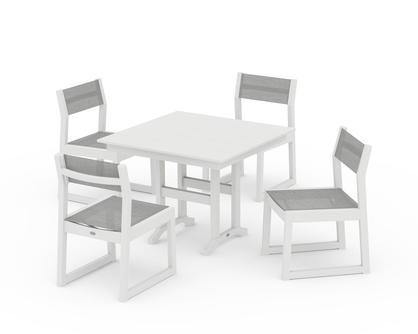 POLYWOOD EDGE Sling Side Chair 5-Piece Farmhouse Dining Set — Vintage White / Metallic Sling