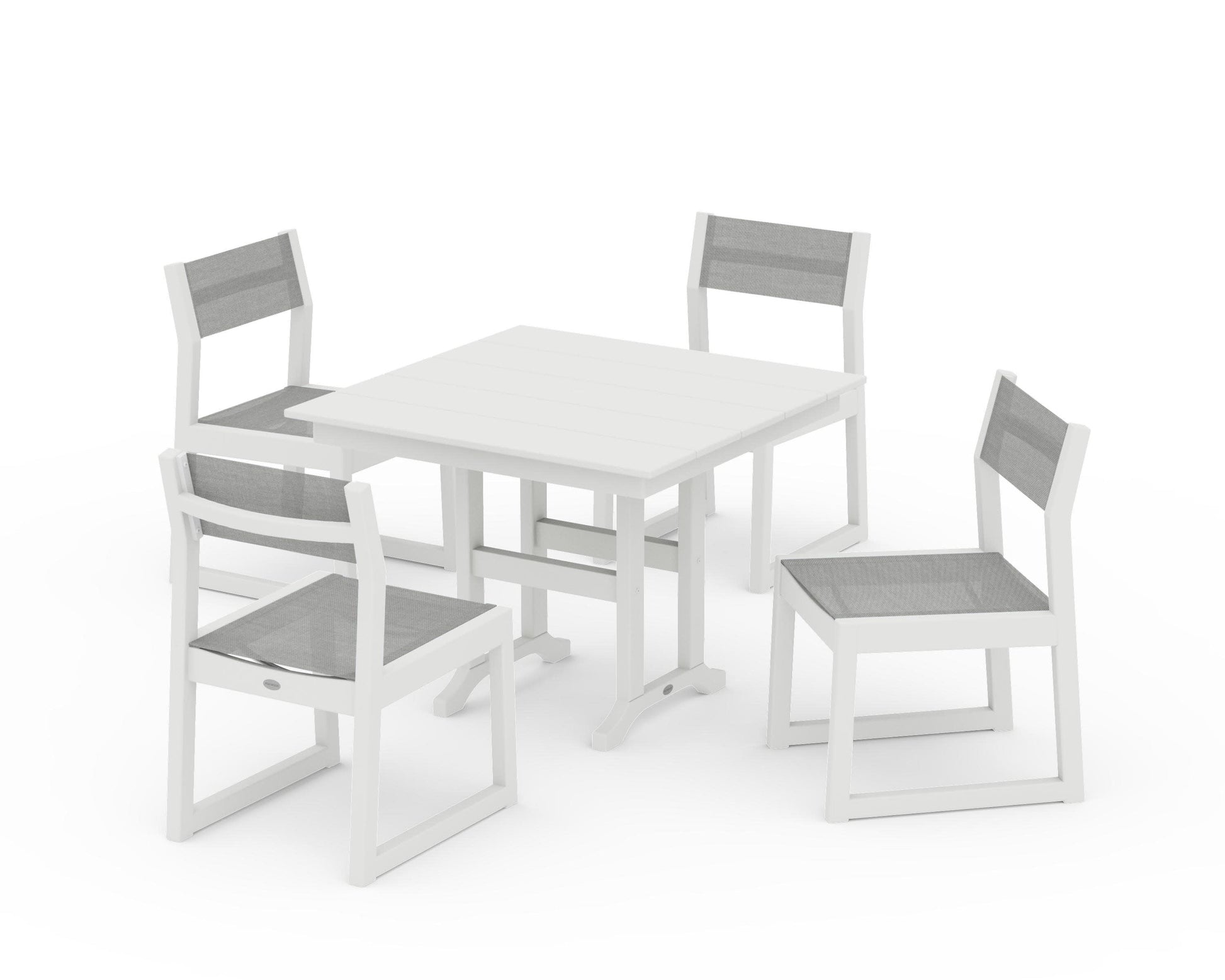 POLYWOOD EDGE Sling Side Chair 5-Piece Farmhouse Dining Set — Vintage White / Metallic Sling