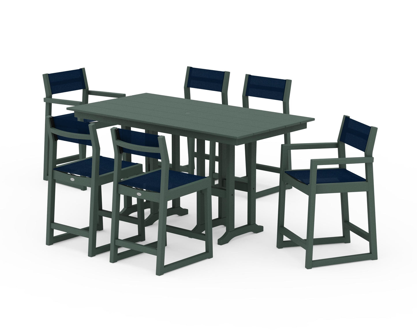POLYWOOD EDGE Sling 7-Piece Farmhouse Counter Set with Trestle Legs — Green / Navy Blue Sling