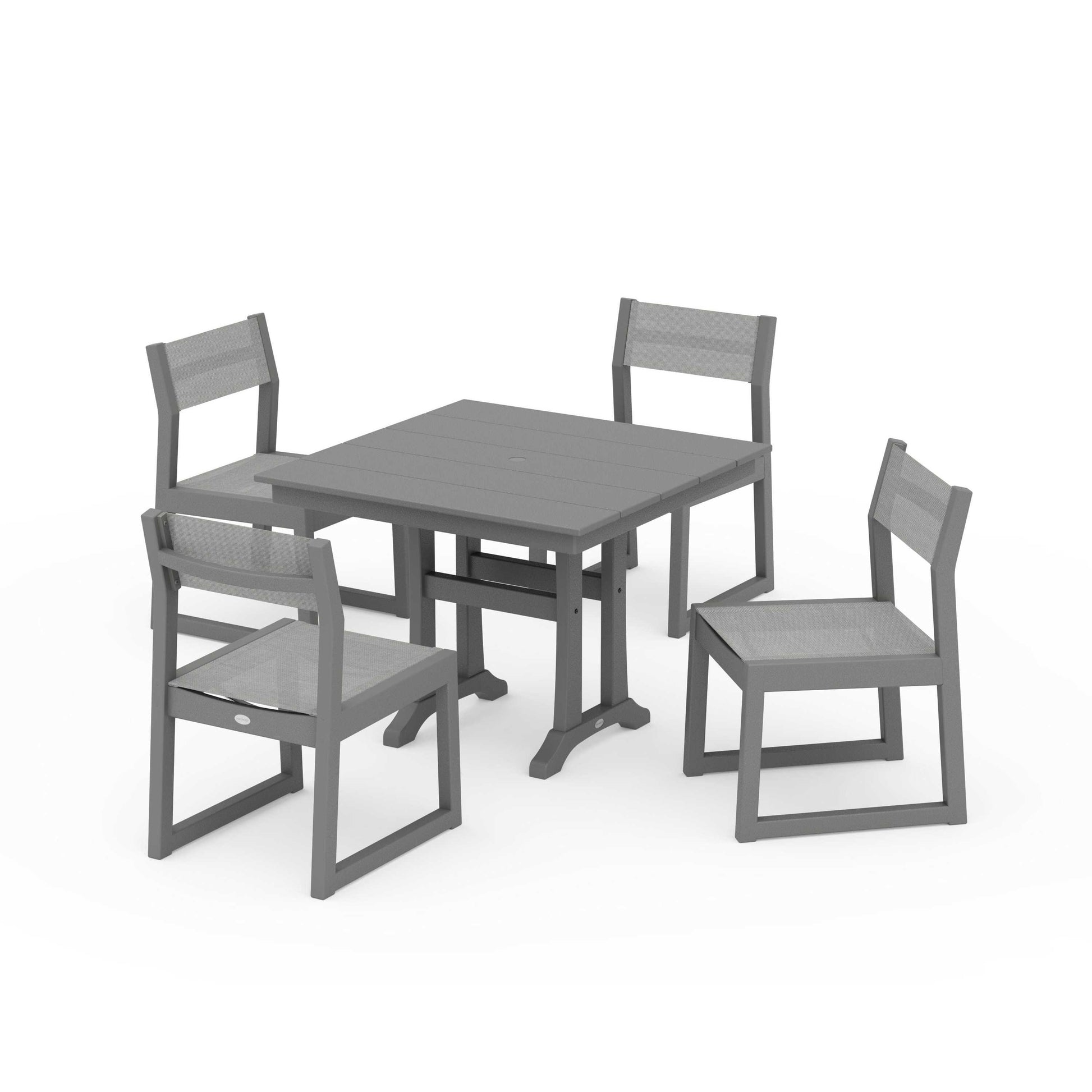 POLYWOOD EDGE Sling 5-Piece Farmhouse Trestle Side Chair Dining Set — Slate Grey / Metallic Sling