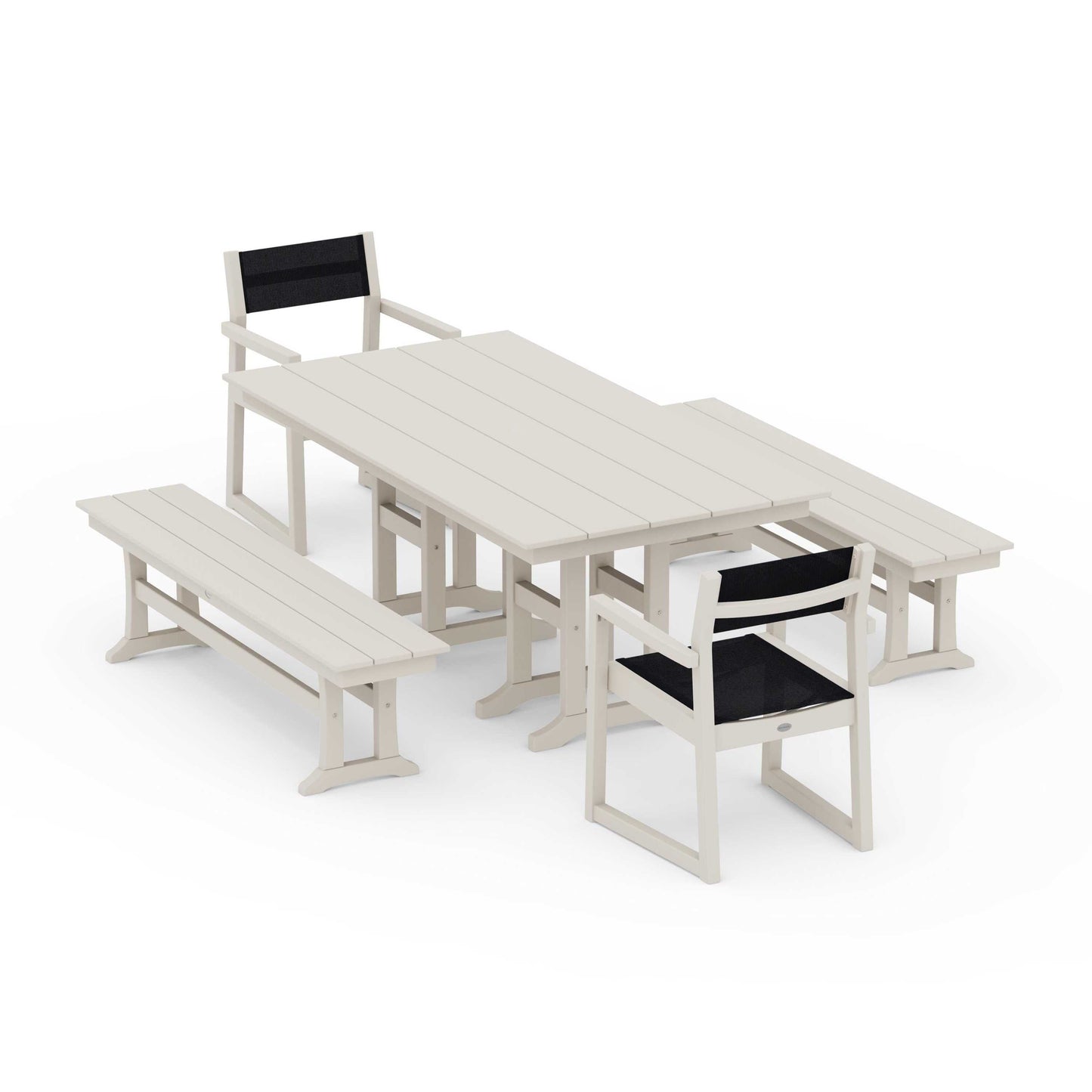 POLYWOOD EDGE Sling Arm Chair 5-Piece Farmhouse Dining Set with Benches — Sand / Black Sling