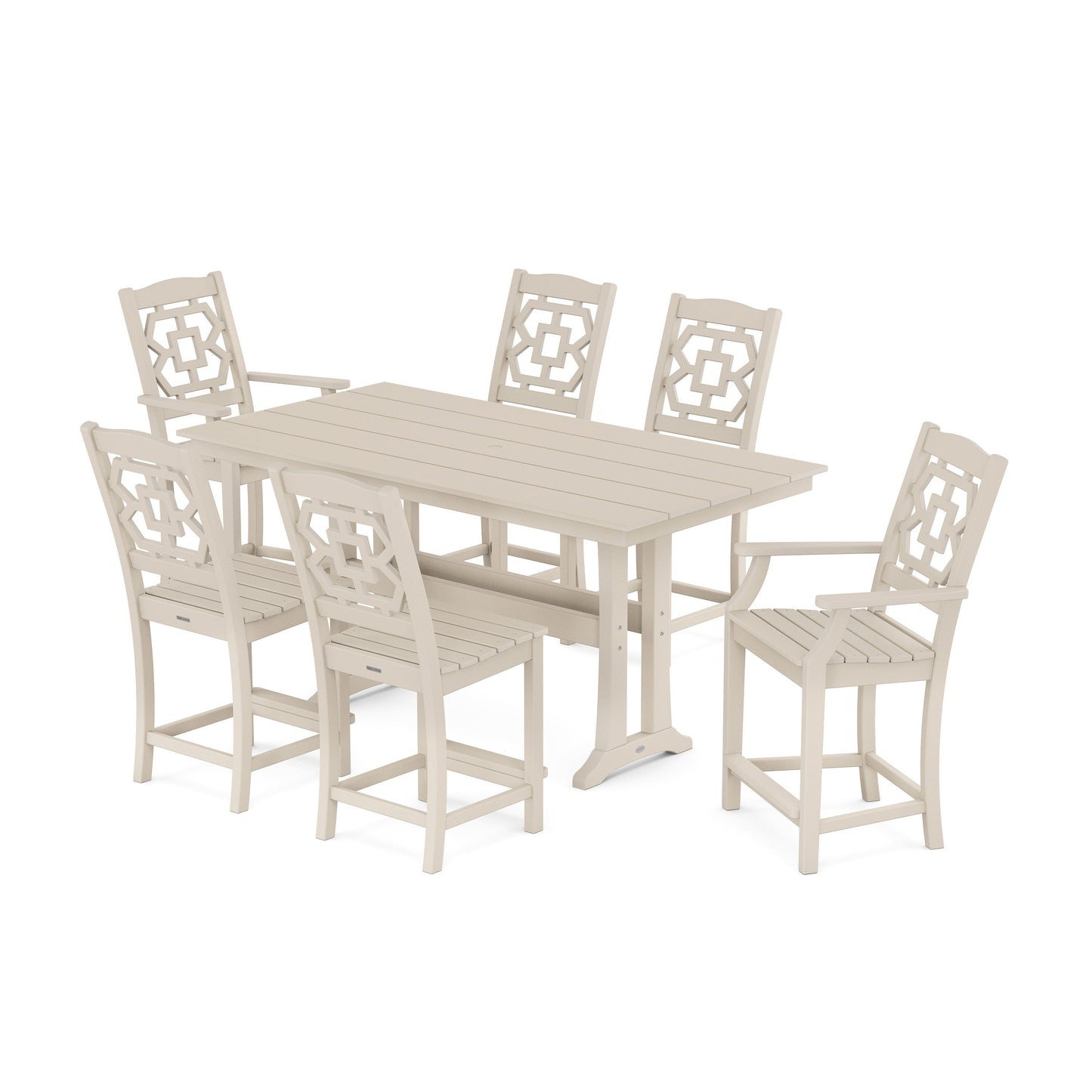 POLYWOOD Chinoiserie 7-Piece Farmhouse Counter Set with Trestle Legs — Sand