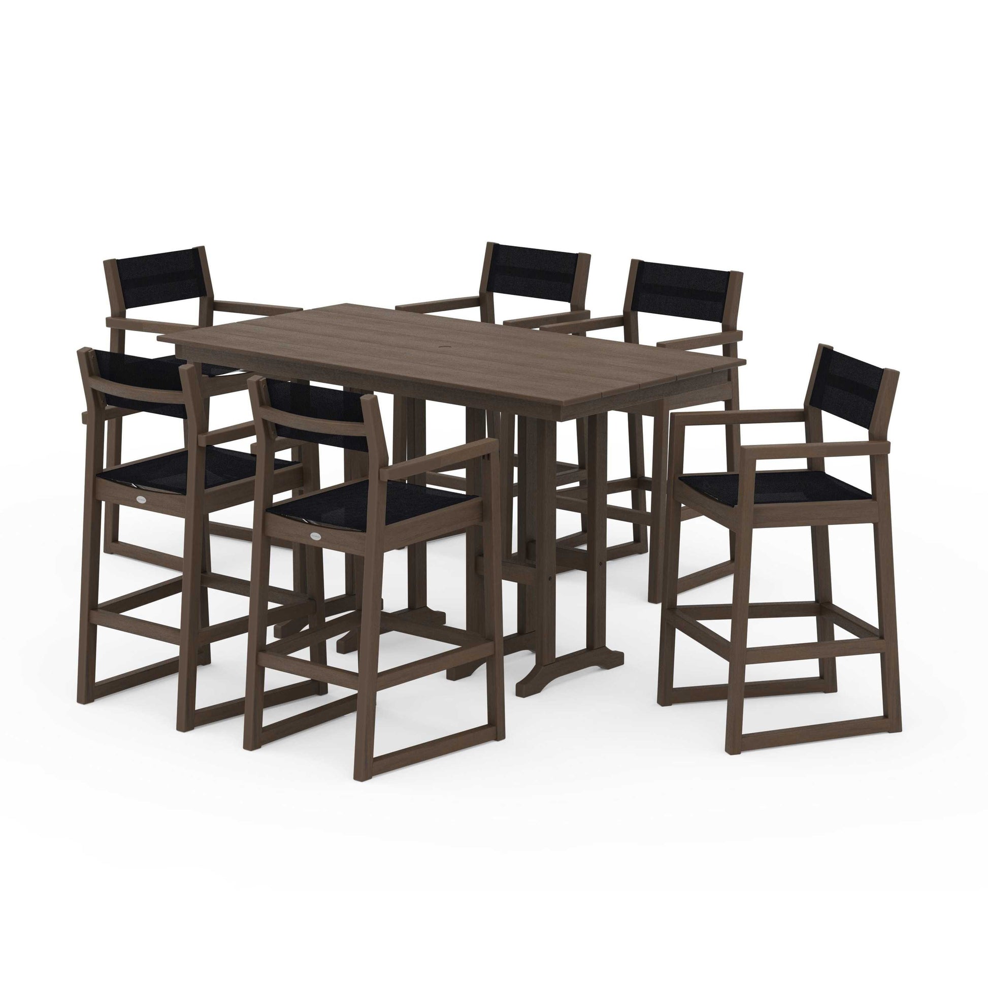 POLYWOOD EDGE Sling Arm Chair 7-Piece Farmhouse Bar Set — Kona / Black Sling