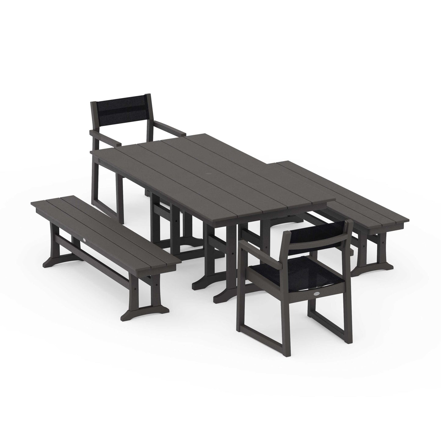 POLYWOOD EDGE Sling Arm Chair 5-Piece Farmhouse Dining Set with Benches — Vintage Coffee / Black Sling