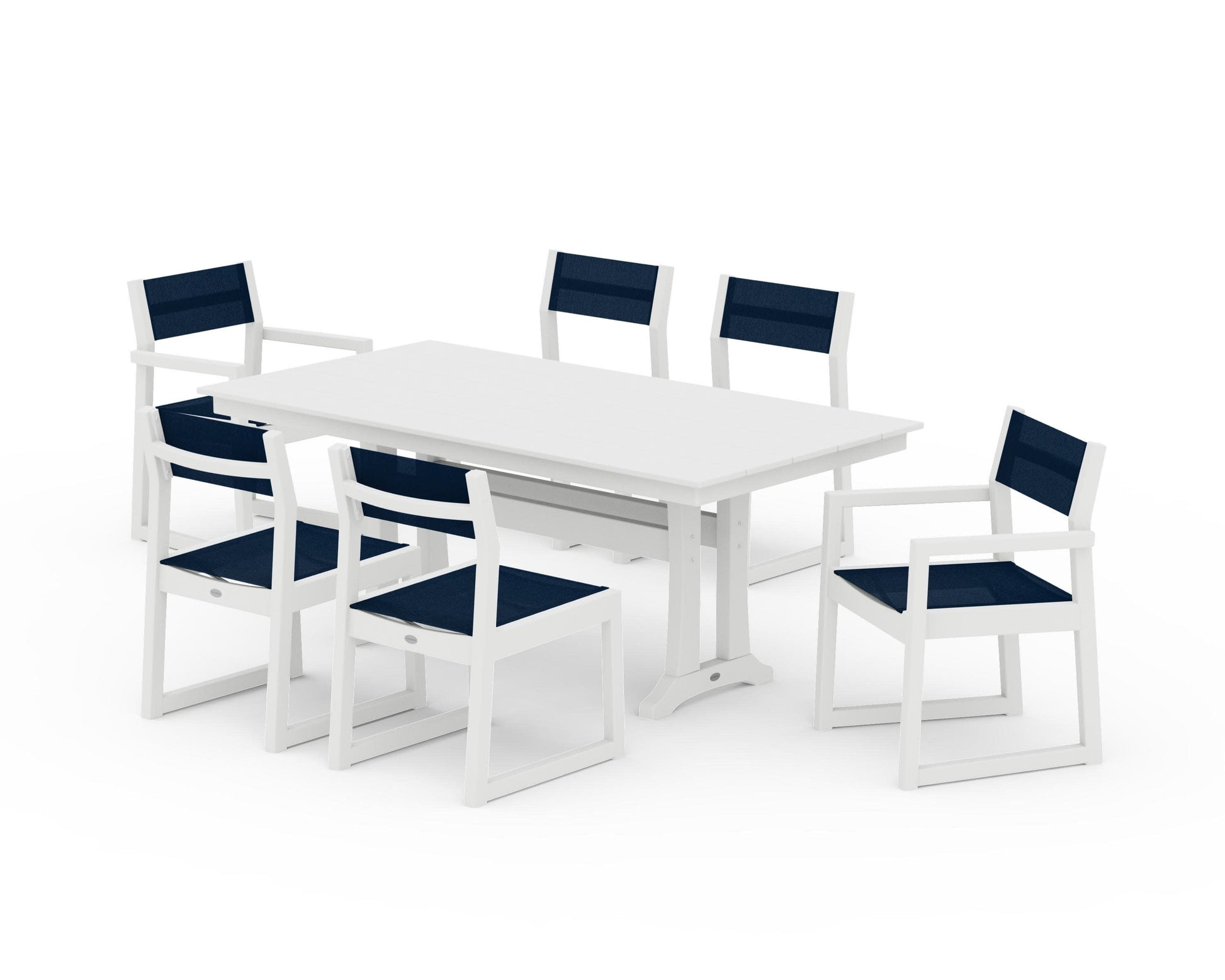 POLYWOOD EDGE Sling 7-Piece Farmhouse Trestle Dining Set — White / Navy Blue Sling