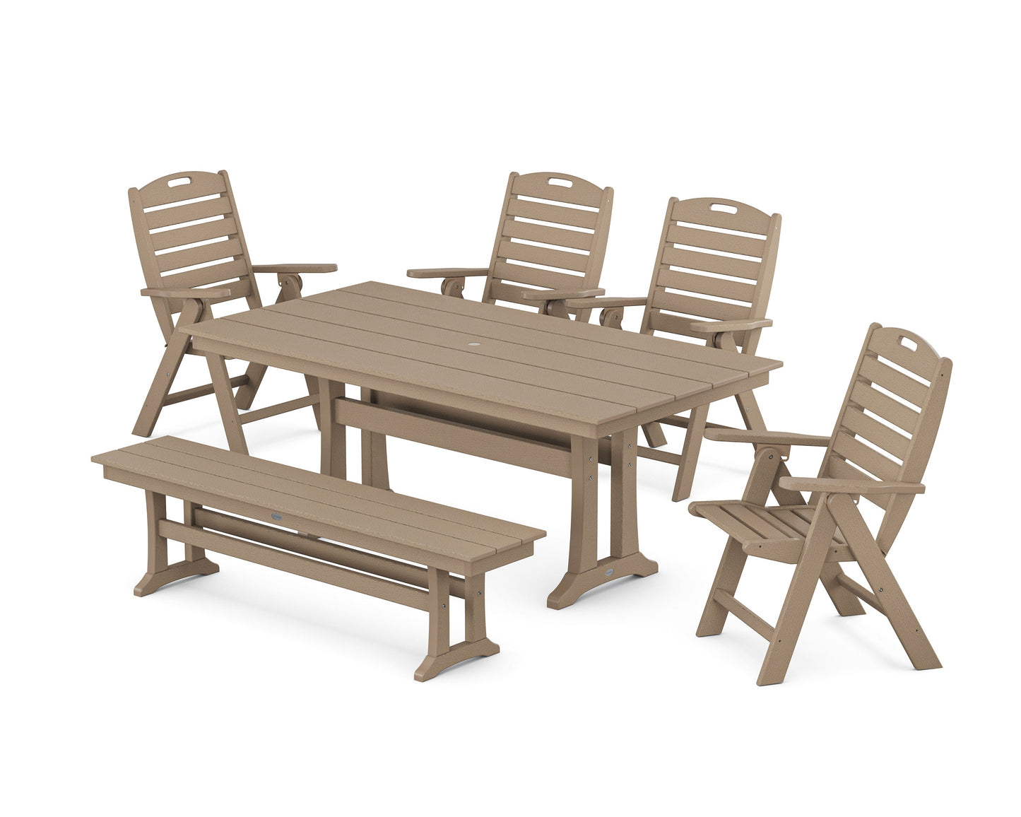 POLYWOOD Nautical Highback 6-Piece Farmhouse Dining Set with Trestle Legs and Bench — Vintage Sahara