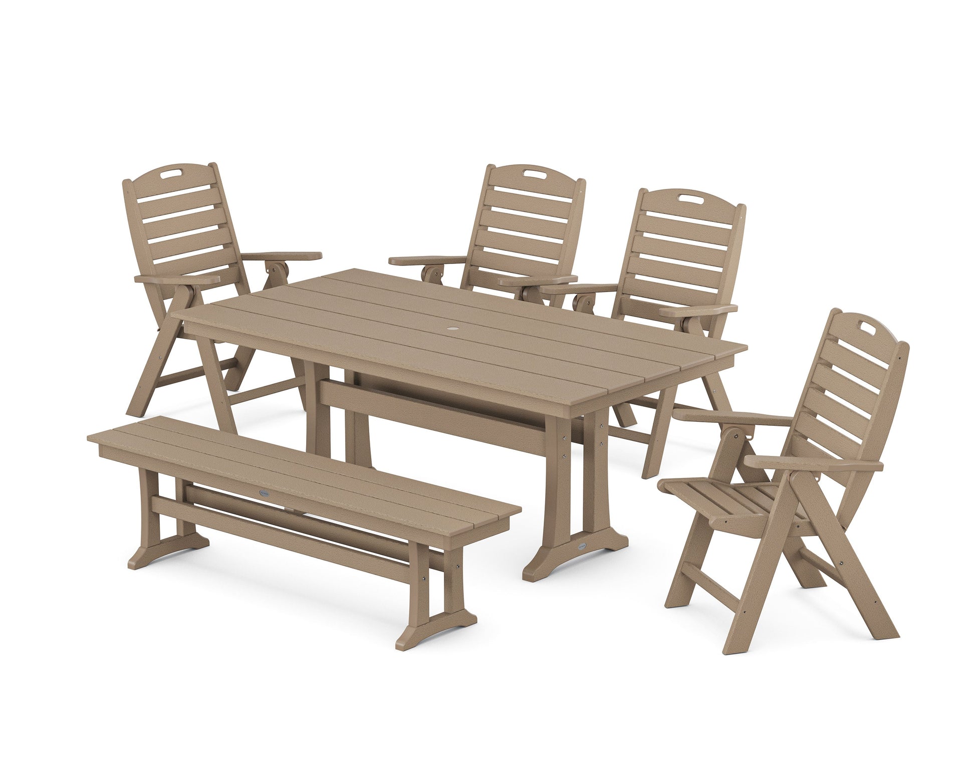 POLYWOOD Nautical Highback 6-Piece Farmhouse Dining Set with Trestle Legs and Bench — Vintage Sahara