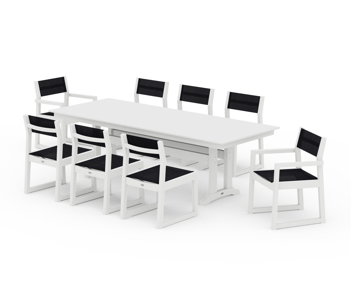 POLYWOOD EDGE Sling 9-Piece Farmhouse Trestle Dining Set — White / Black Sling