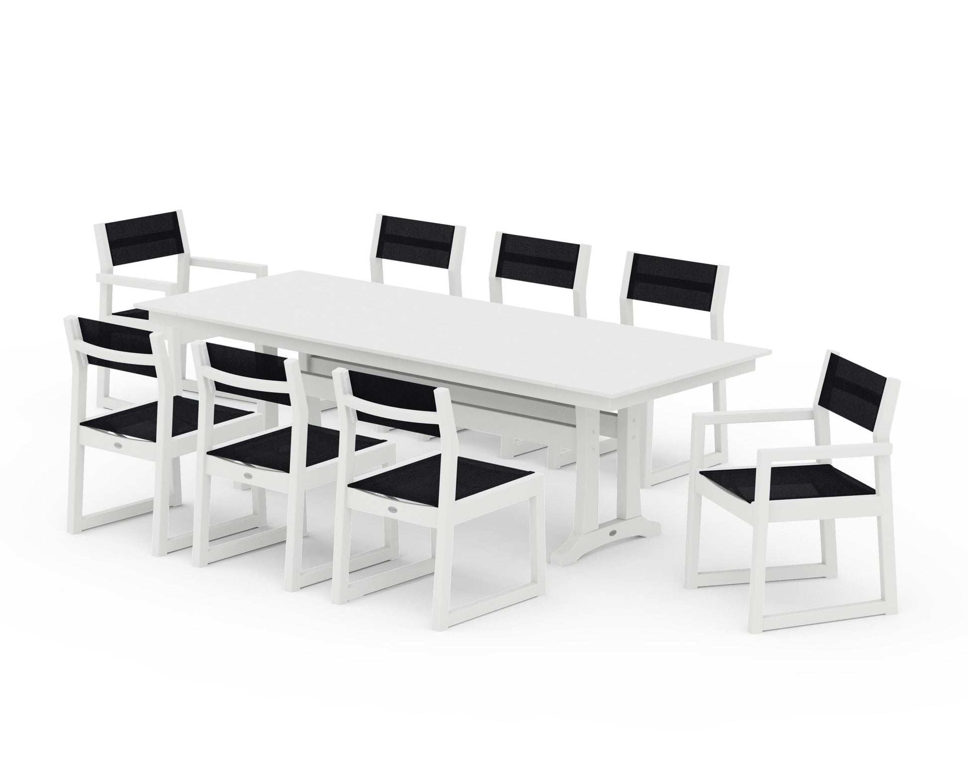 POLYWOOD EDGE Sling 9-Piece Farmhouse Trestle Dining Set — White / Black Sling