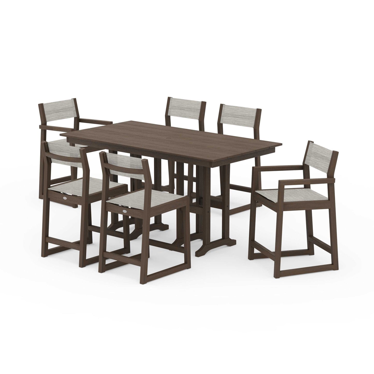 POLYWOOD EDGE Sling 7-Piece Farmhouse Counter Set with Trestle Legs — Kona / Birch Sling