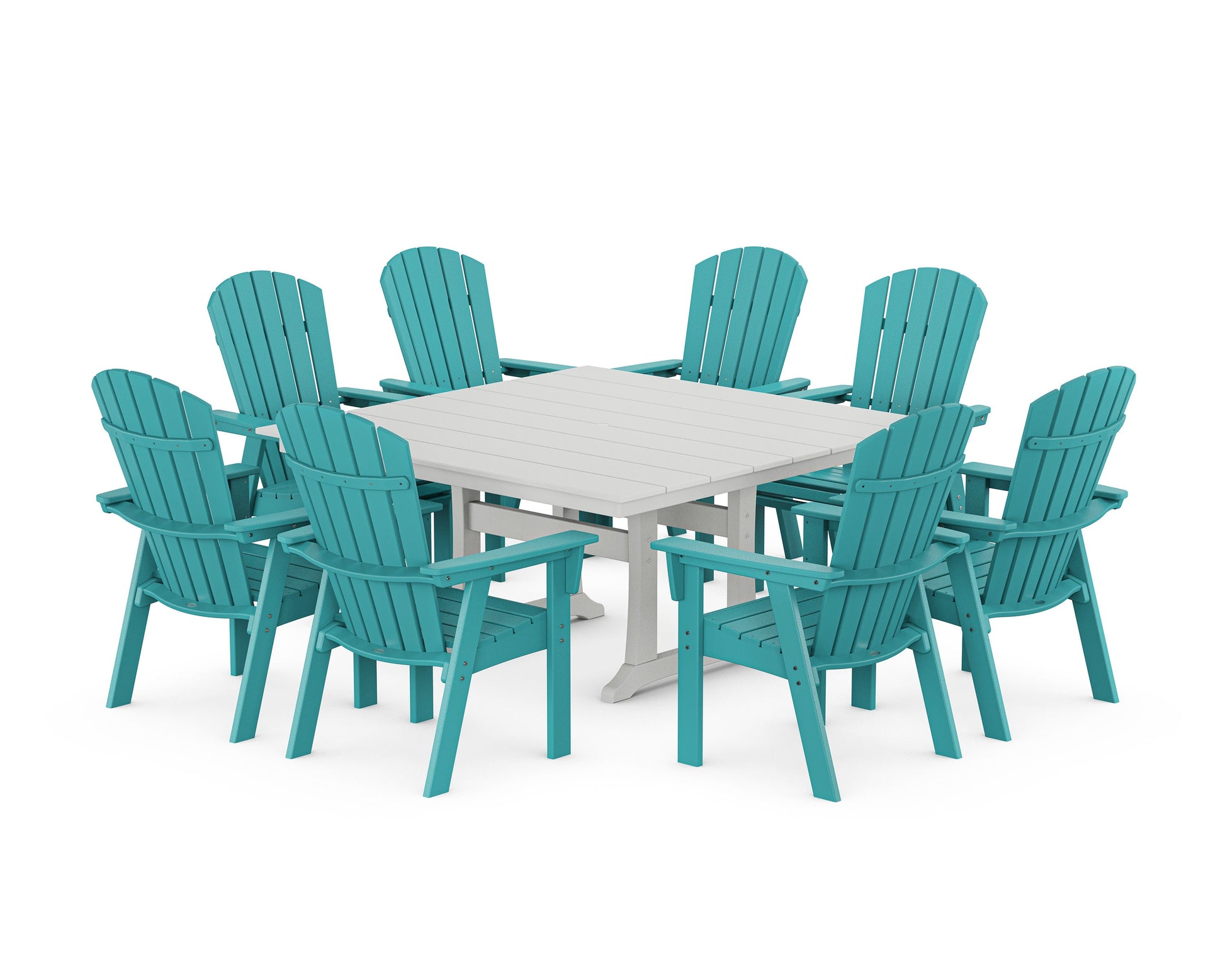 POLYWOOD Nautical Curveback Adirondack 9-Piece Square Dining Set with Trestle Legs — Aruba / White