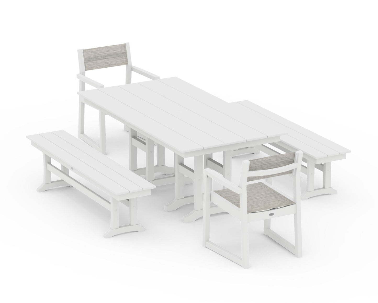 POLYWOOD EDGE Sling Arm Chair 5-Piece Farmhouse Dining Set with Benches — White / Birch Sling