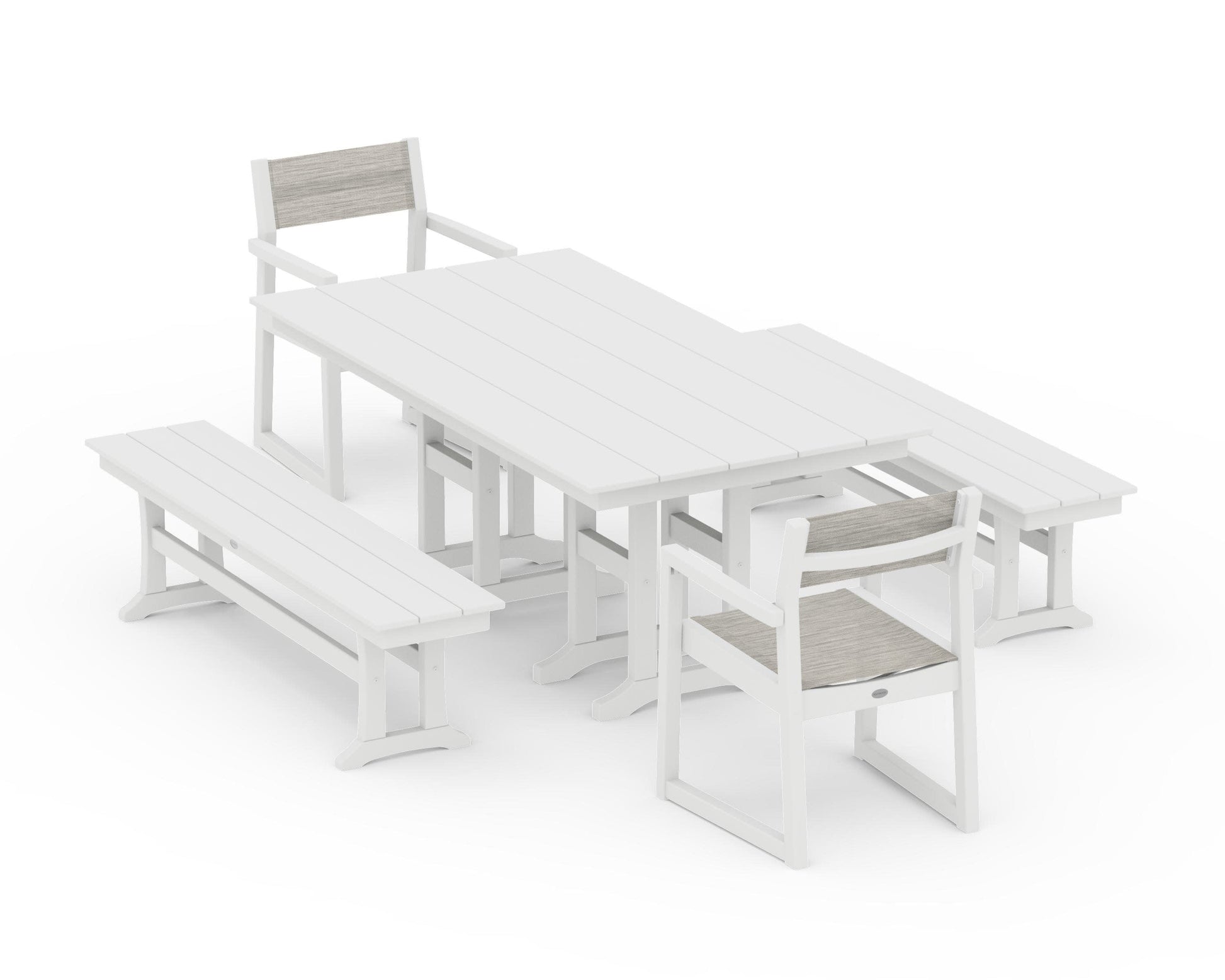 POLYWOOD EDGE Sling Arm Chair 5-Piece Farmhouse Dining Set with Benches — White / Birch Sling