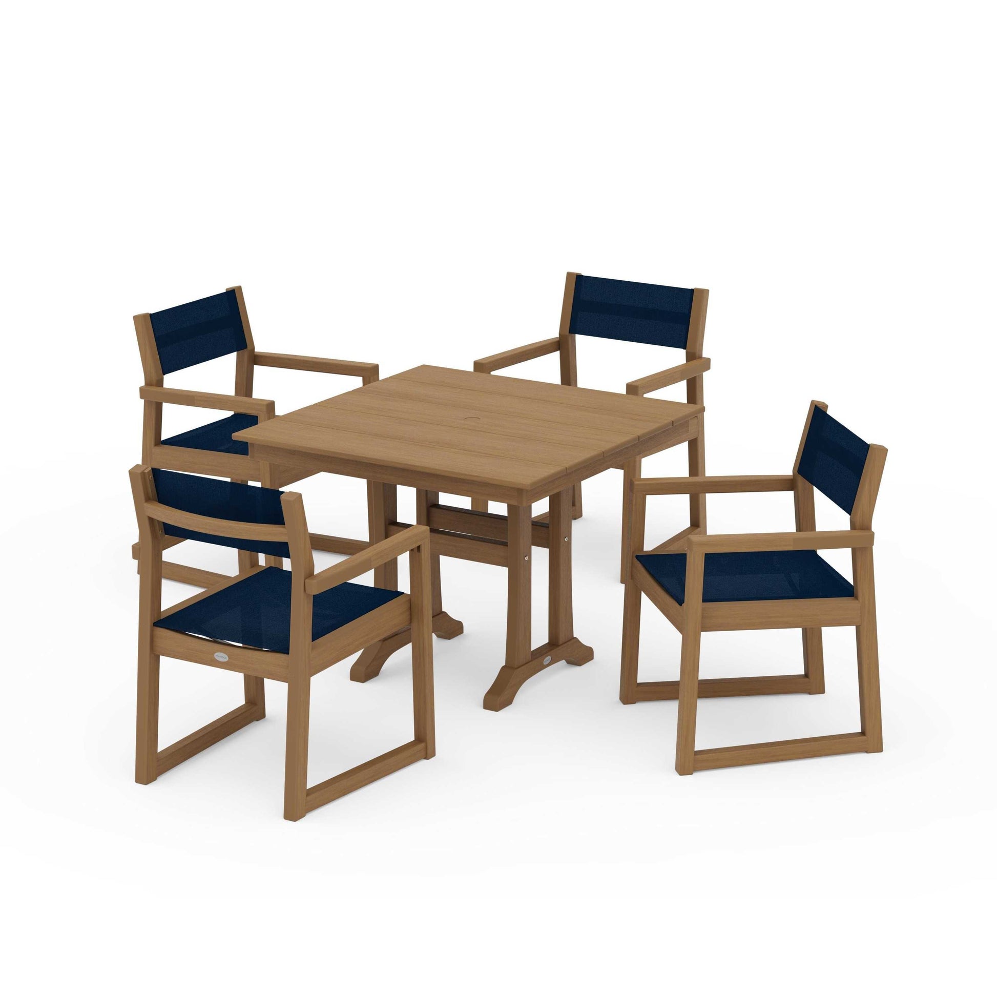 POLYWOOD EDGE Sling 5-Piece Farmhouse Dining Set with Trestle Legs — Natural / Navy Blue Sling