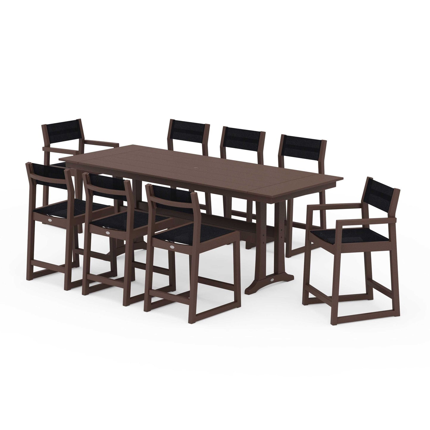 POLYWOOD EDGE Sling 9-Piece Farmhouse Counter Set with Trestle Legs — Mahogany / Black Sling