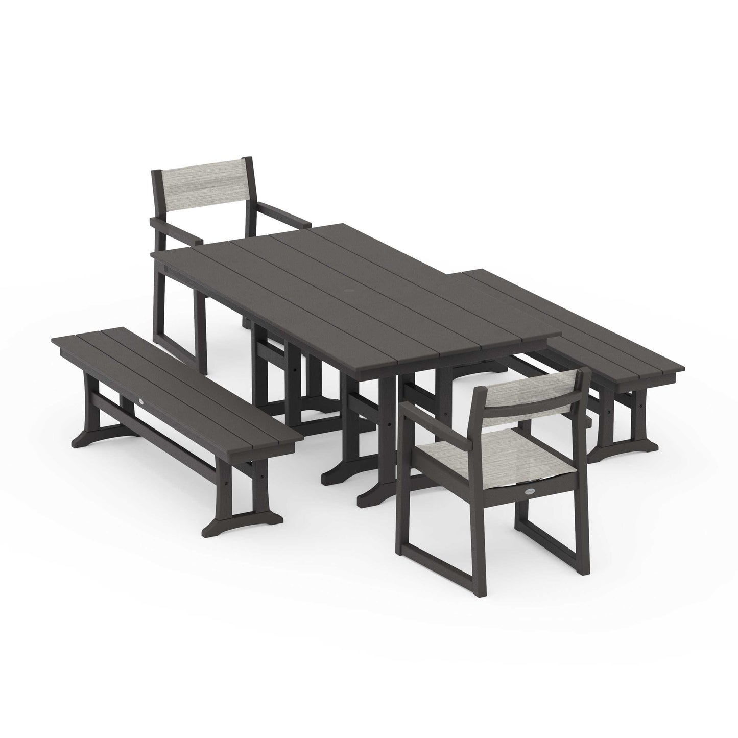 POLYWOOD EDGE Sling Arm Chair 5-Piece Farmhouse Dining Set with Benches — Vintage Coffee / Birch Sling