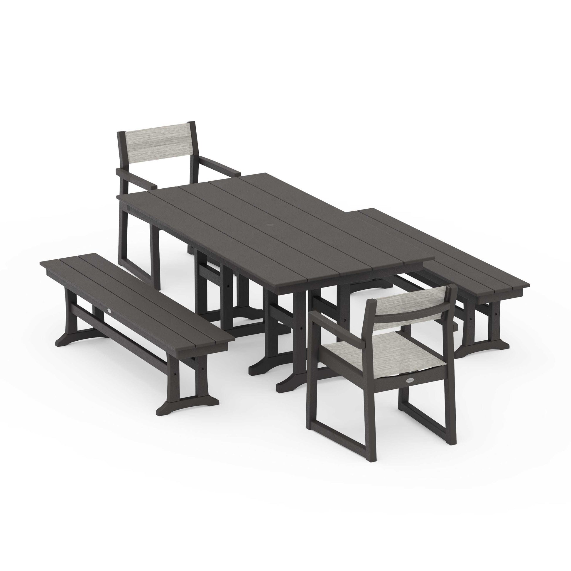 POLYWOOD EDGE Sling Arm Chair 5-Piece Farmhouse Dining Set with Benches — Vintage Coffee / Birch Sling