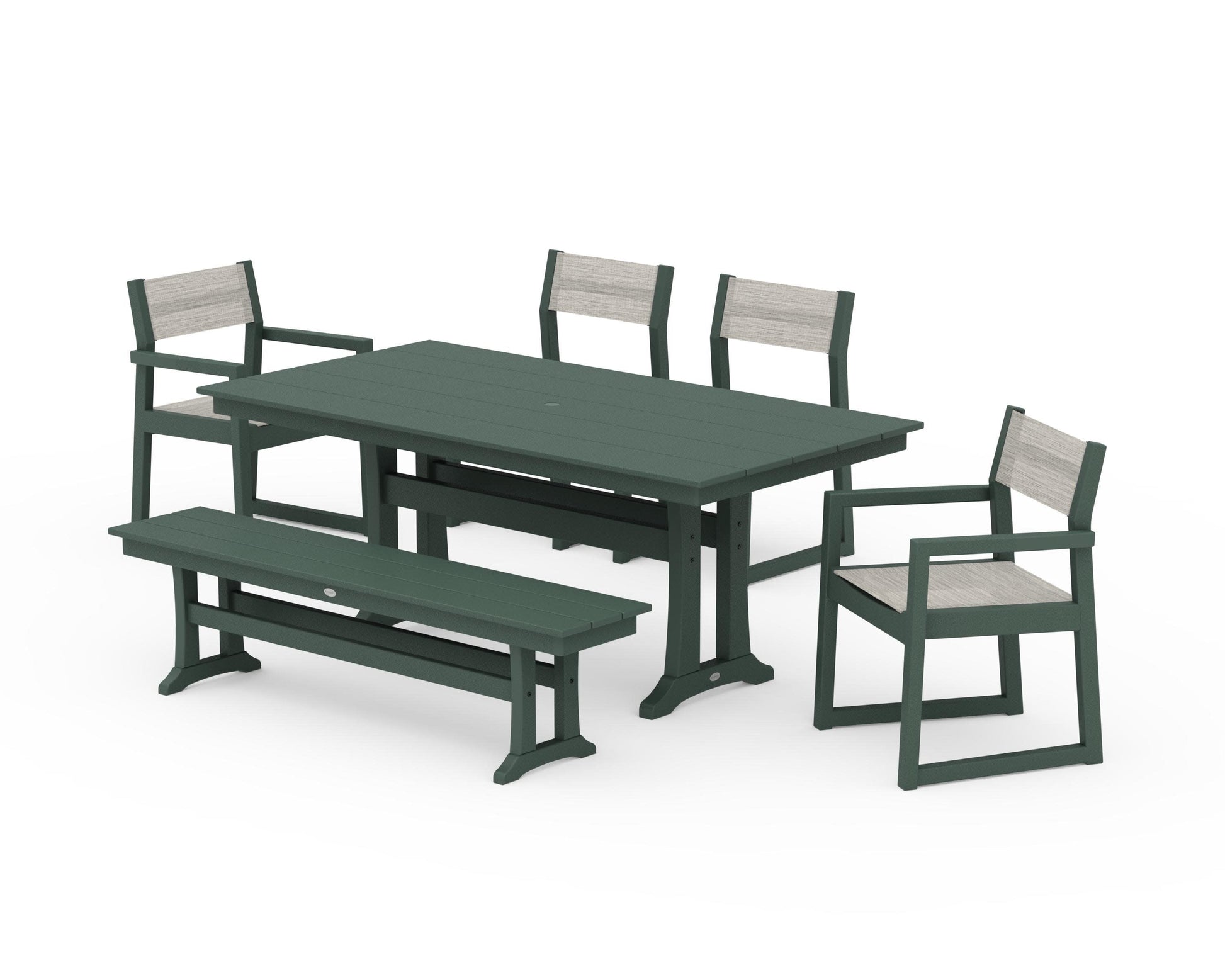 POLYWOOD EDGE Sling 6-Piece Farmhouse Dining Set With Trestle Legs — Green / Birch Sling