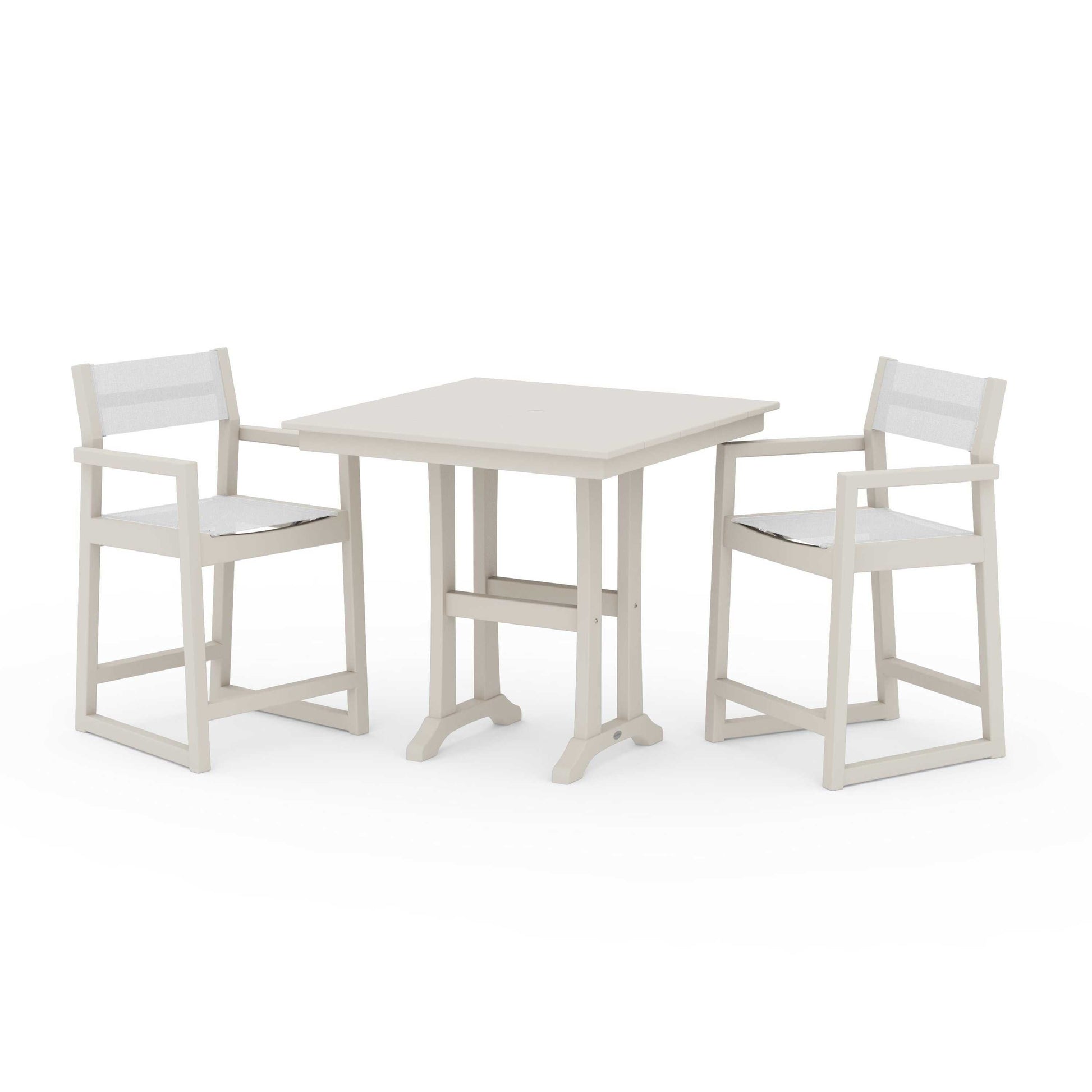 POLYWOOD EDGE Sling Arm Chair 3-Piece Farmhouse Counter Set with Trestle Legs — Sand / White Sling