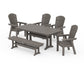 POLYWOOD Nautical Curveback Adirondack 6-Piece Dining Set with Trestle Legs and Bench — Driftwood