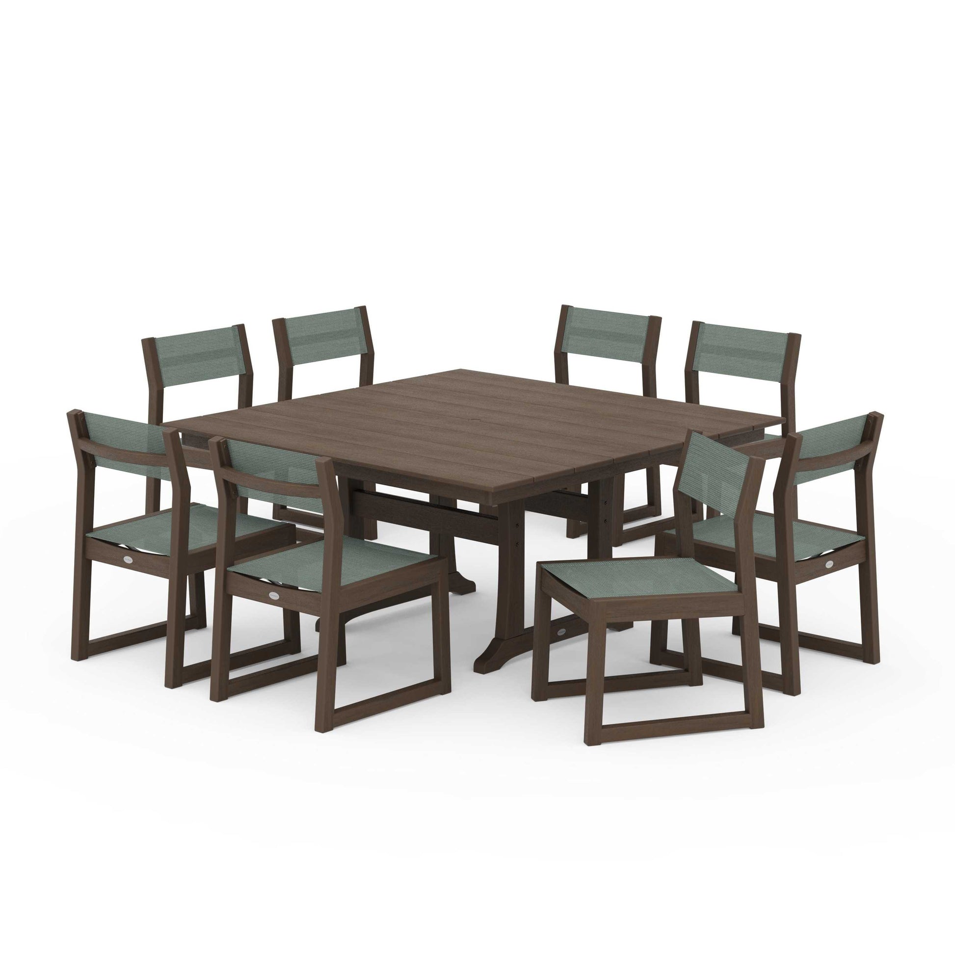 POLYWOOD EDGE Sling Side Chair 9-Piece Farmhouse Trestle Dining Set — Kona / Dupioni Sea Mist Sling
