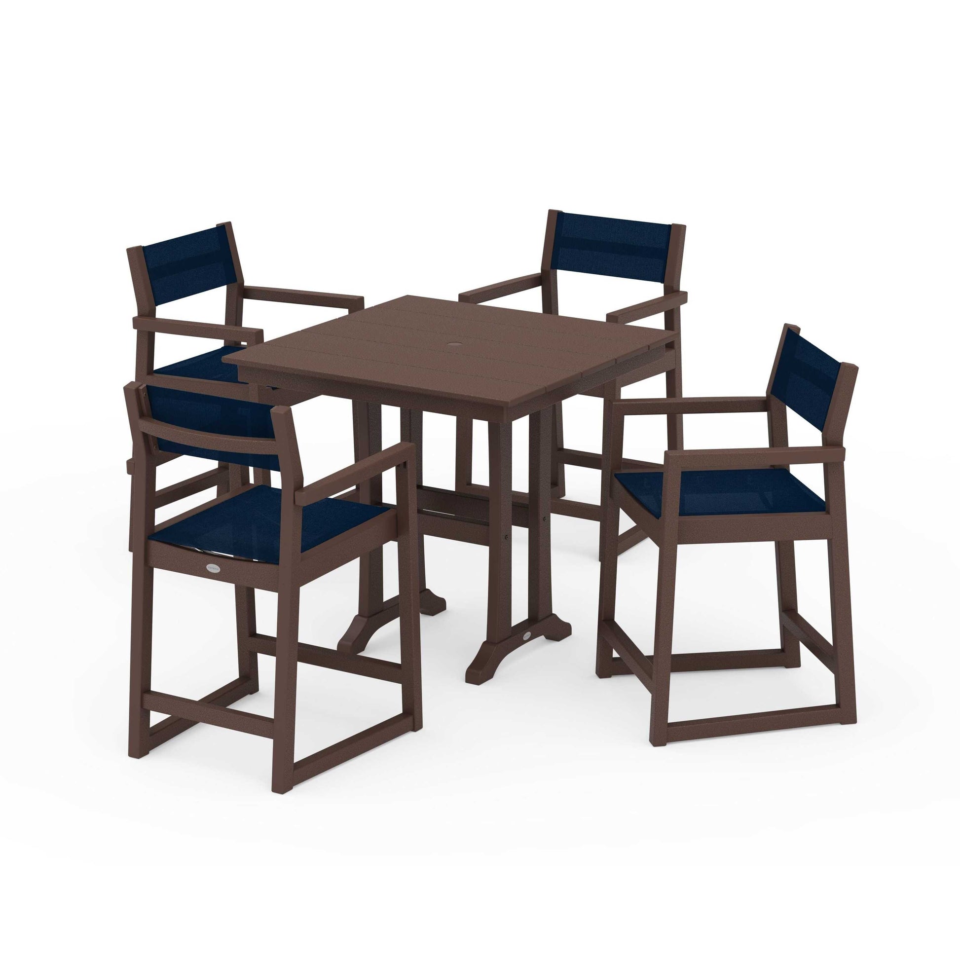 POLYWOOD EDGE Sling Arm Chair 5-Piece Farmhouse Counter Set with Trestle Legs — Mahogany / Navy Blue Sling