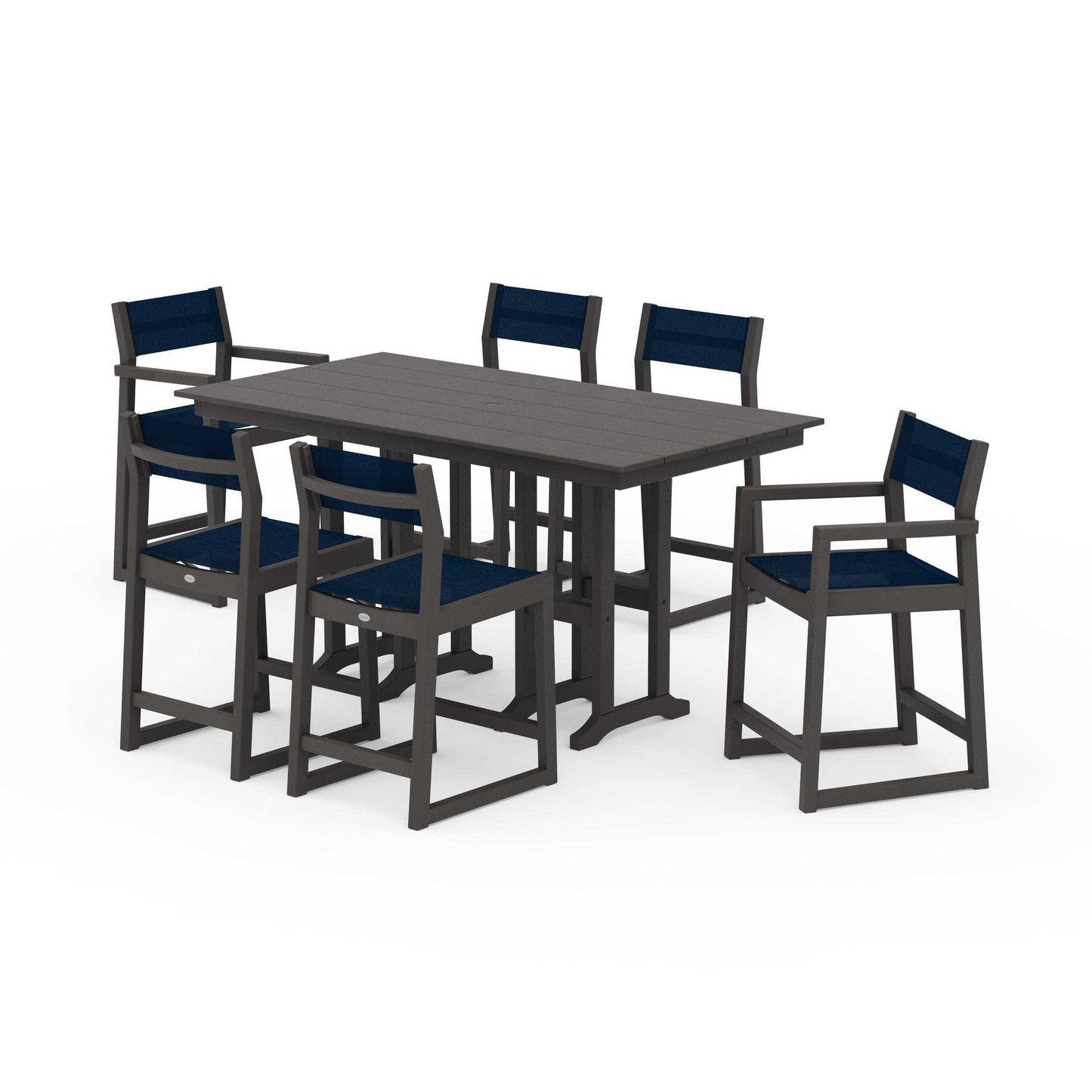 POLYWOOD EDGE Sling 7-Piece Farmhouse Counter Set with Trestle Legs — Vintage Coffee / Navy Blue Sling