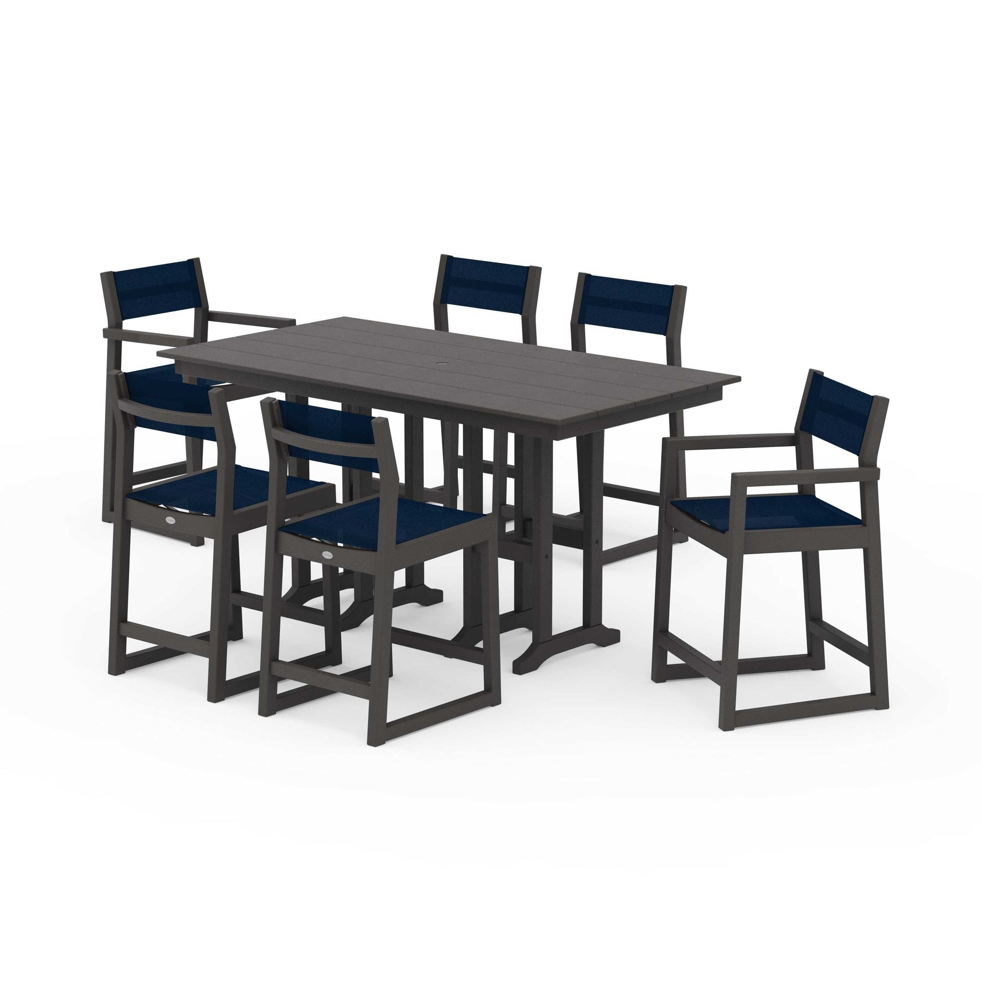 POLYWOOD EDGE Sling 7-Piece Farmhouse Counter Set with Trestle Legs — Vintage Coffee / Navy Blue Sling