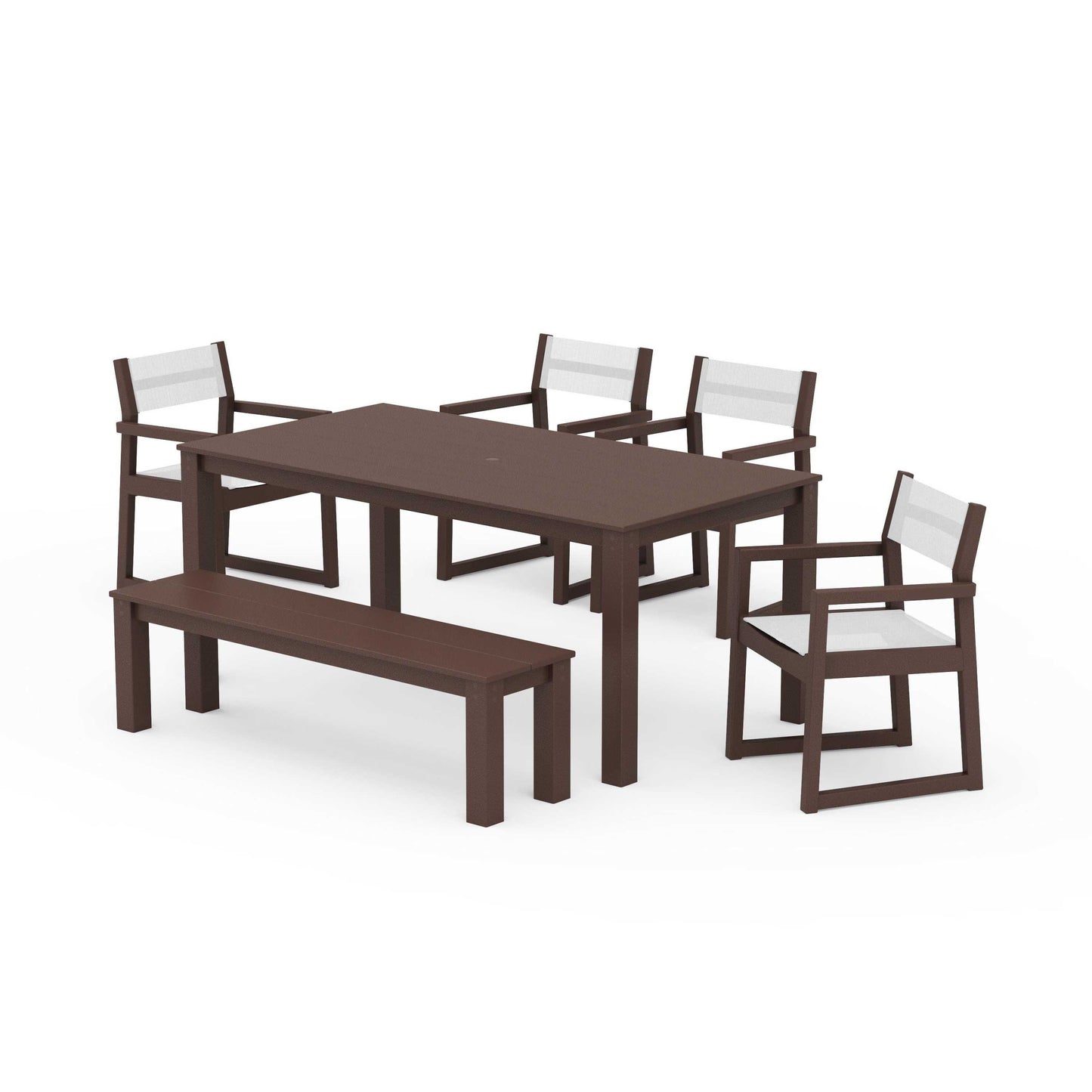 POLYWOOD EDGE Sling Arm Chair 6-Piece Parsons Dining Set with Bench — Mahogany / White Sling