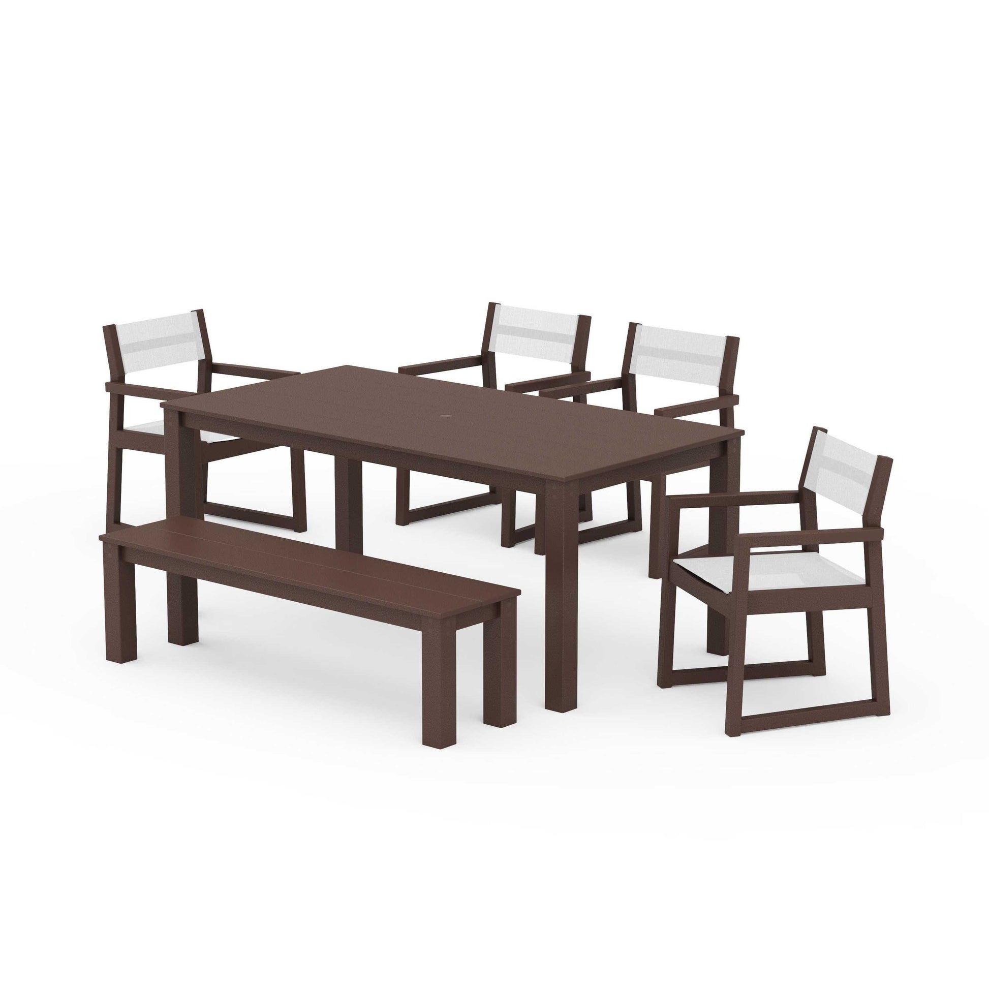 POLYWOOD EDGE Sling Arm Chair 6-Piece Parsons Dining Set with Bench — Mahogany / White Sling