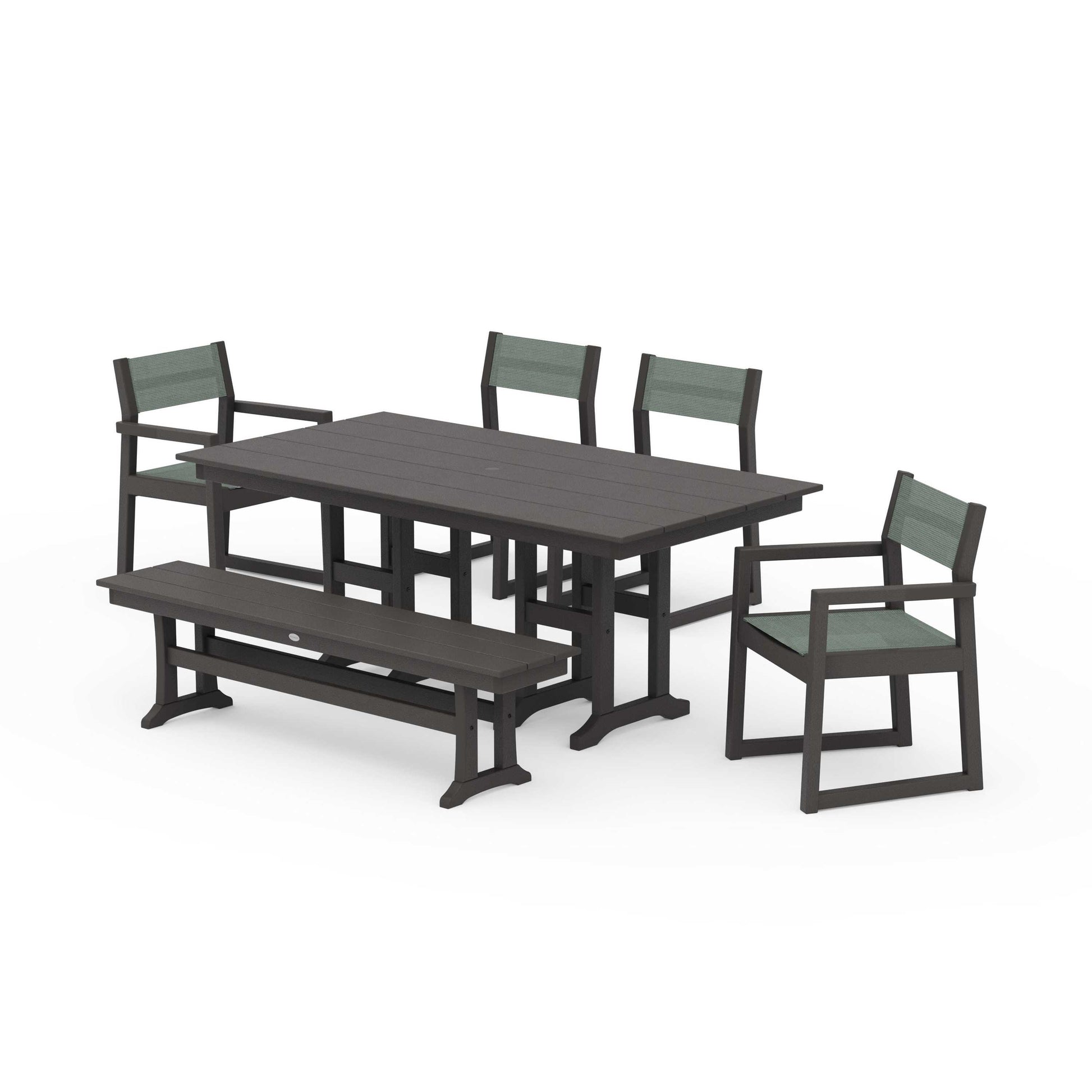 POLYWOOD EDGE Sling 6-Piece Farmhouse Dining Set — Vintage Coffee / Dupioni Sea Mist Sling