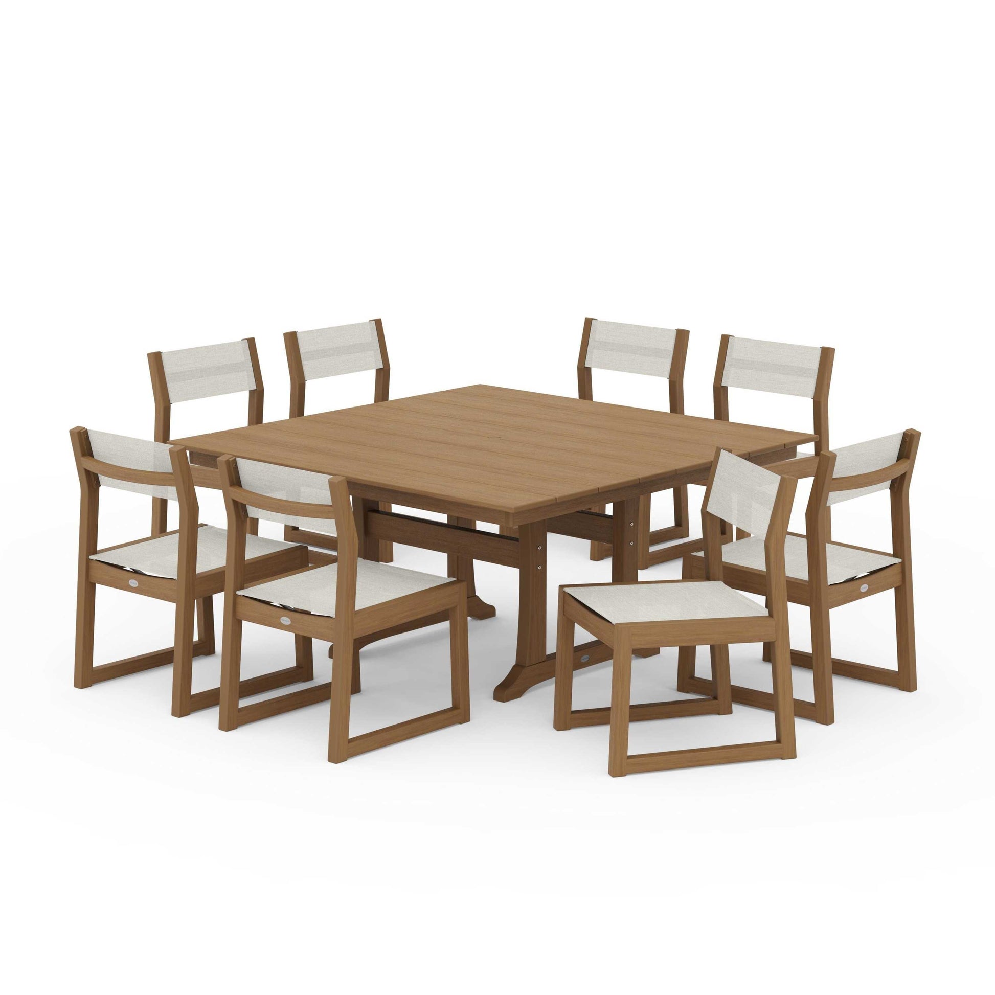 POLYWOOD EDGE Sling Side Chair 9-Piece Farmhouse Trestle Dining Set — Natural / Parchment Sling