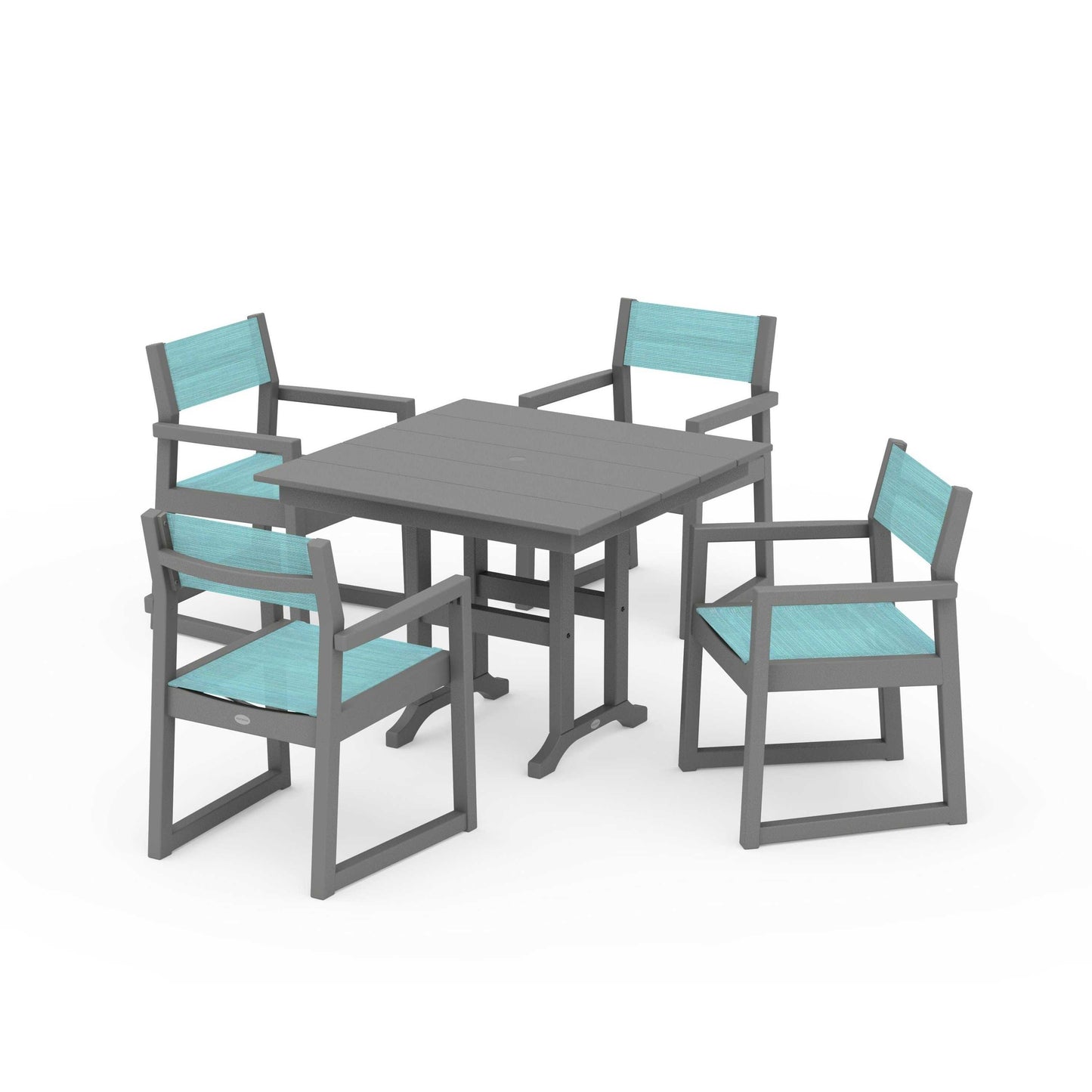POLYWOOD EDGE Sling Arm Chair 5-Piece Farmhouse Dining Set — Slate Grey / Dupioni Aquamarine Sling