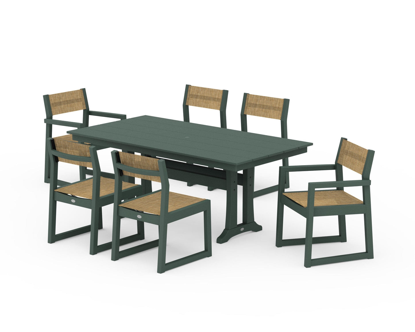 POLYWOOD EDGE Sling 7-Piece Farmhouse Trestle Dining Set — Green / Burlap Sling